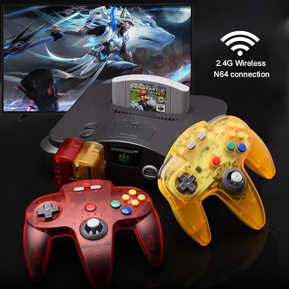 KIWITATA 2.4GHz Wireless Retro N64 Controller, Rechargeable Wireless Joystick Game Controller for Original N64 Video Console Clear Yellow