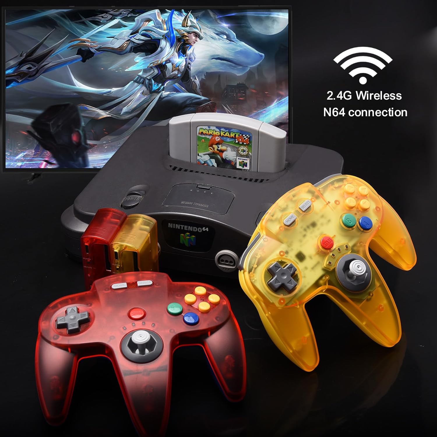 2 Pack Wireless N64 Controller for Switch Games, 2.4GHZ Rechargeable Wireless N64 Remote Joystick PC Game Controller Compatible with Raspberry Pi, N64 System, MAC, Windows 7,8,10,11 Clear Yellow