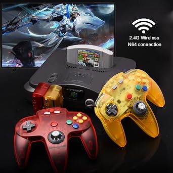 KIWITATA Retro N64 Wireless Controller, 2.4GHz Wireless Joystick Game Controller for Original N64 Video Console Clear Yellow
