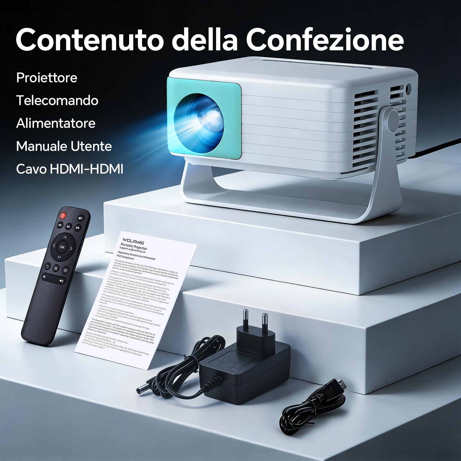 WOLFANG Proiettore Portatile 1080P FHD, Mini Proiettore con Correzione Automatica Keystone, Zoom 50%, Rotazione 180°
