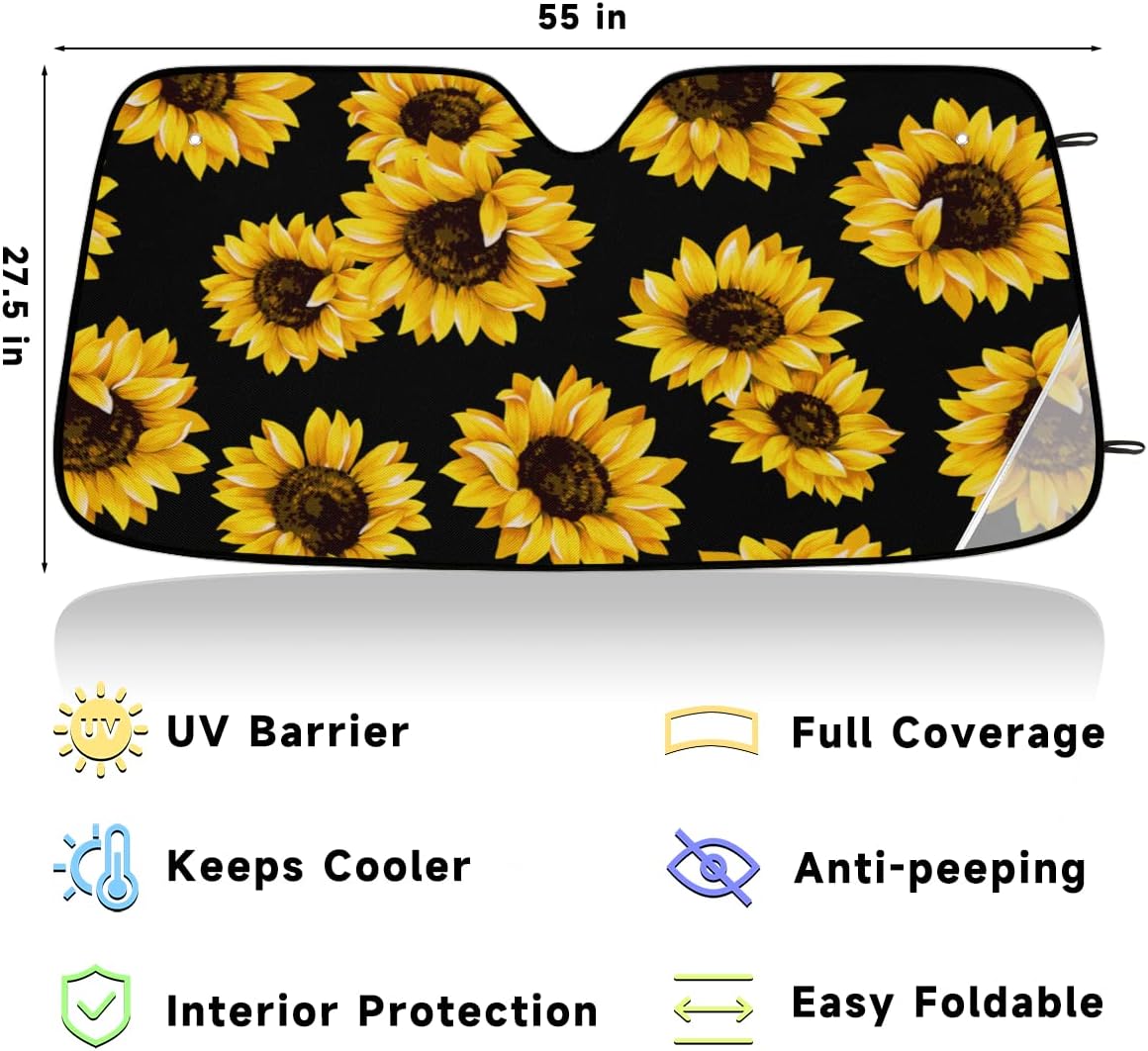 Sunflower Car Windshield Sun Shade Cover Foldable UV Ray Reflector Yellow Floral Sun Visor Auto Universal Front Window Sun Shield for Vehicles