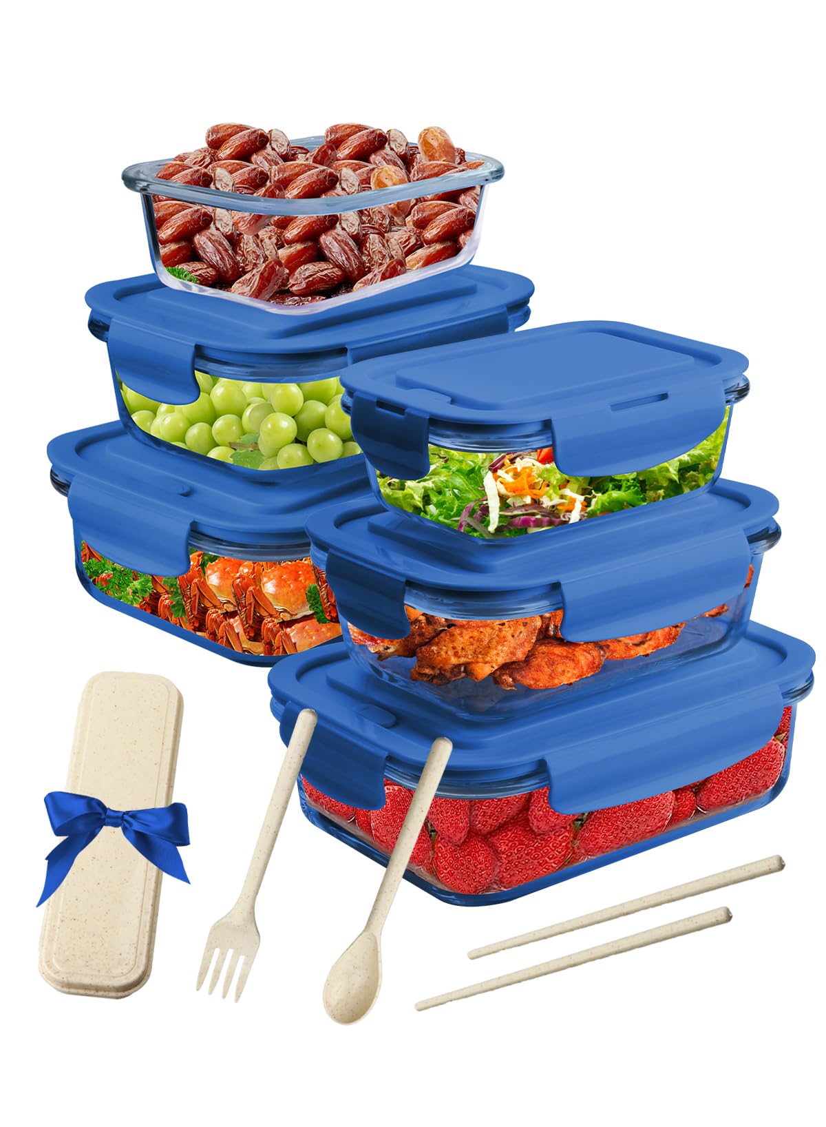 6 Pcs Airtight Meal Prep thicken Glass Containers Set with Locking Lids,Re-usable Food Storage Containers, Leakproof Lunch Boxes,Kitchen Organizer Boxes, BPA Free & Microwave Freezer Dishwasher Safe Rectangle-Glass-Blue-6pcs