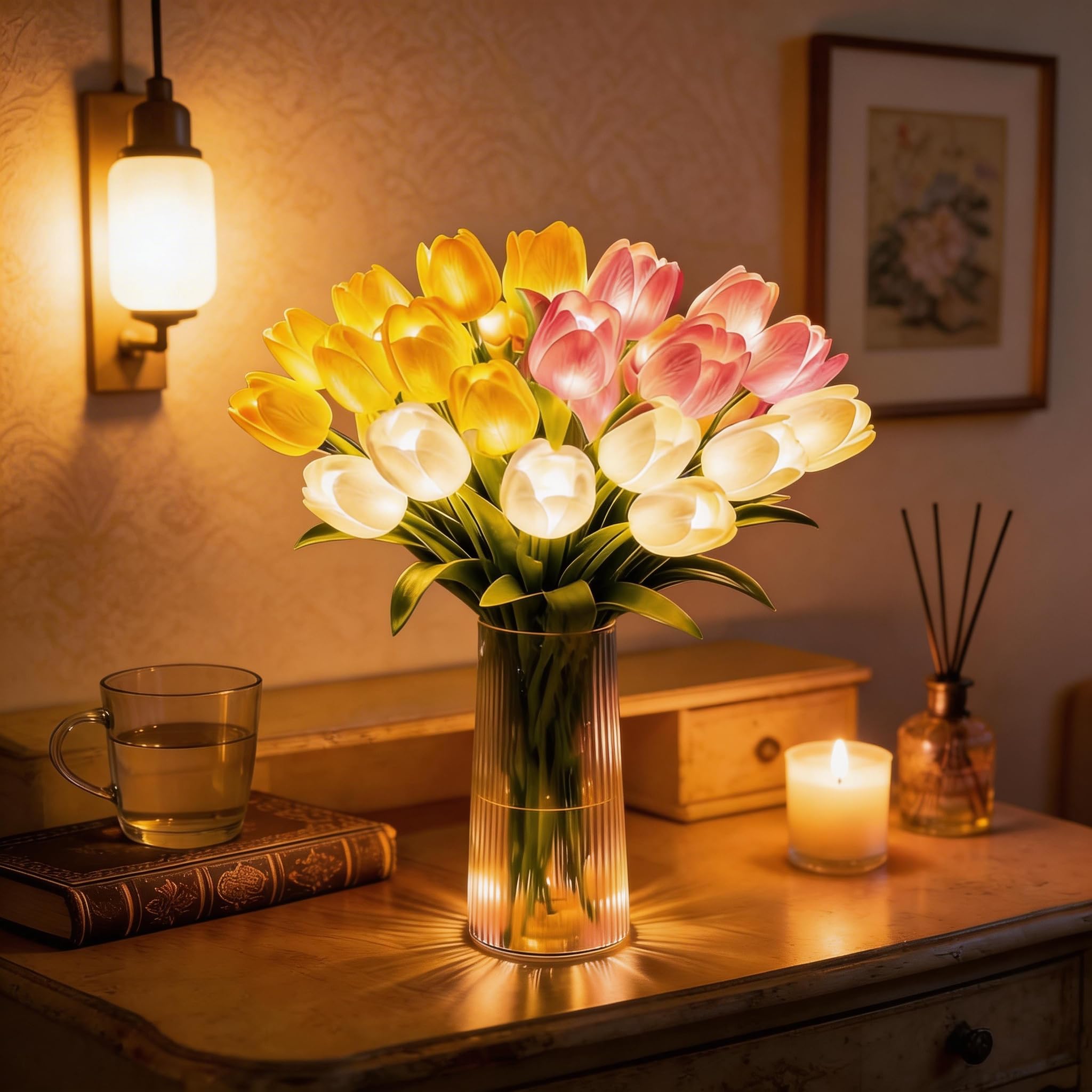 ByteCraft Radiant Romantic Tulip Light, 15 PCS Twinkling Tulips Led Night Light that Never Fade, Flower Shaped Ambient Night Lamp for Bedroom Bedside Decor, Gift for Mother's Day