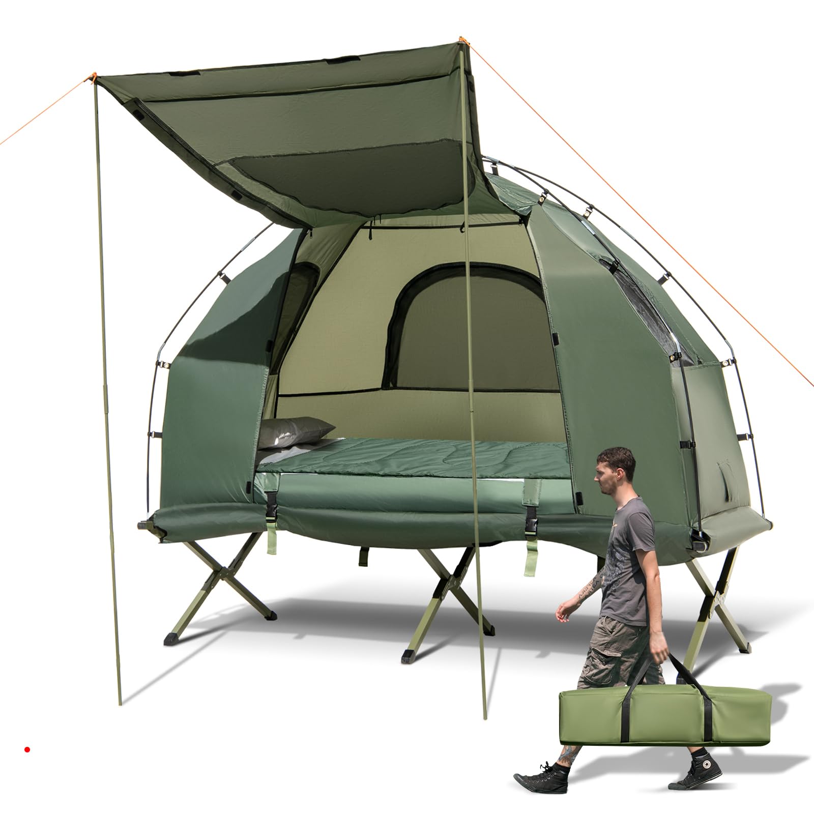 LDAILY Camping Tent Cot, 5 in 1 Off Ground Elevated Tent with Air Mattress, Sleeping Bag & Pillow, Folding Camping Cot Combo with Carrying Bag for