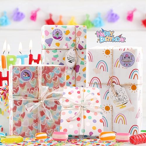 Miniatura 4 de MAMUNU Juego de 8 hojas de papel de regalo, papel de regalo de cumpleaños arcoíris para niñas, hojas de papel de regalo con etiquetas de regalo y