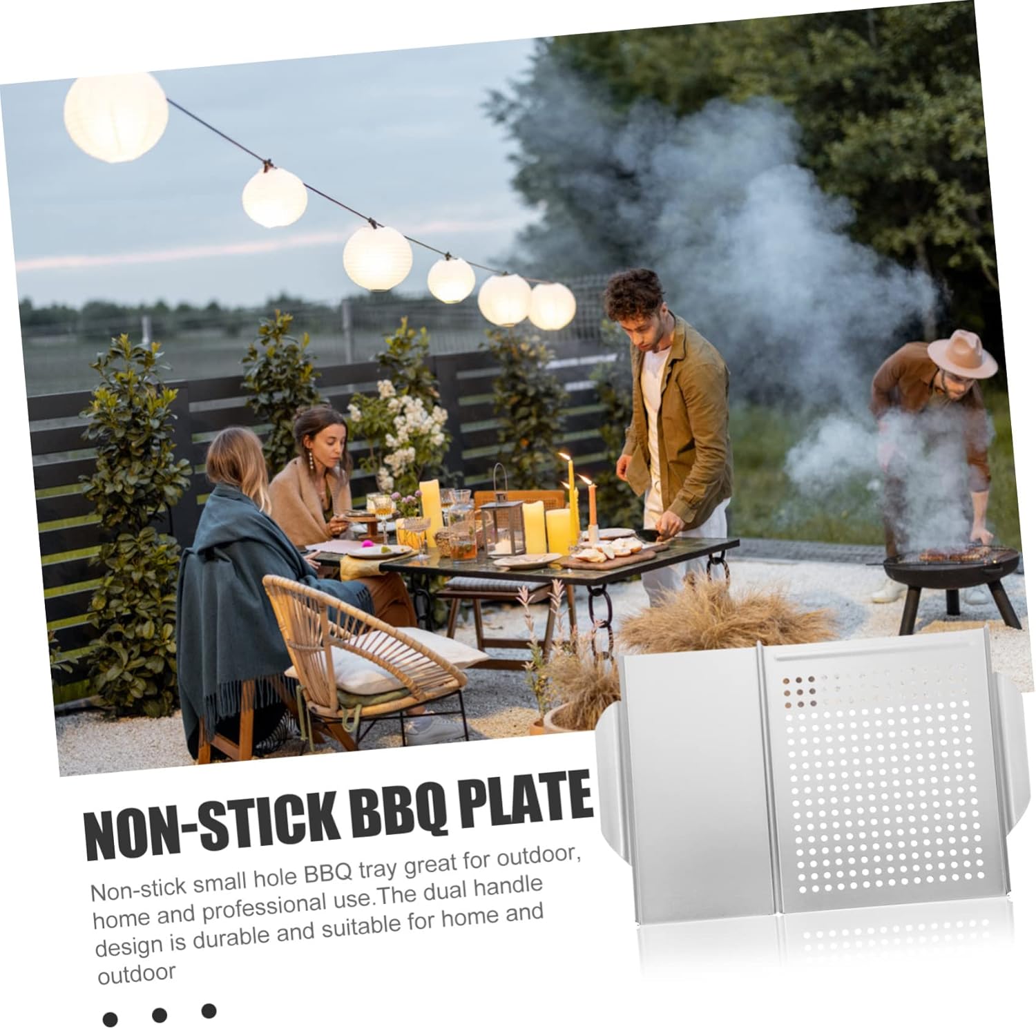 VALICLUD Stainless Steel Non-Stick Barbecue Plate Handle Grill Pan for Outdoor BBQ for Steaks Vegetables and Seafood