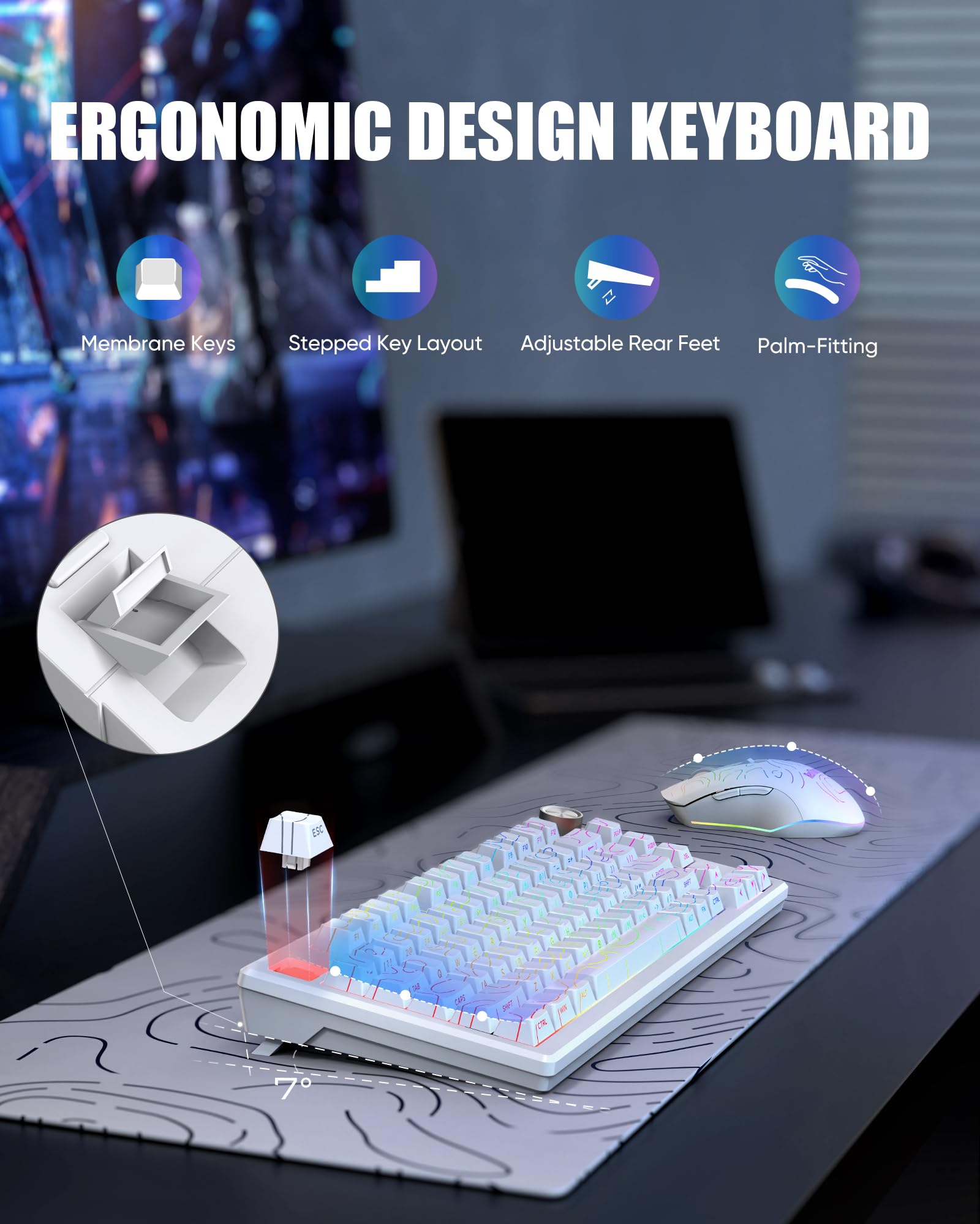 RedThunder K75 75% Wireless Membrane Keyboard and Mouse,3-Mode 2.4G/BT/USB-C,US Layout Side-Engraved,Volume Knob,TKL Ultra Compact Design,Optical Gaming Mouse with 4800DPI for PC Mac (Contour White) — view 9