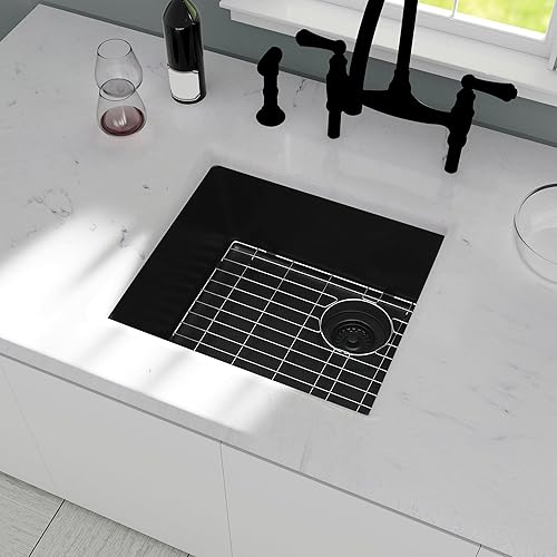 Miniatura 6 de MONSINTA Fregadero de bar, fregadero de barra bajo montaje, fregadero de barra negro de 19 x 17 pulgadas, fregadero de cocina con accesorios,