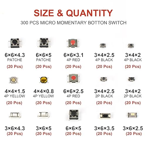 Miniatura 14 de QTETAK - Juego surtido de 200 piezas de 10 valores micro momentáneos con botón táctil