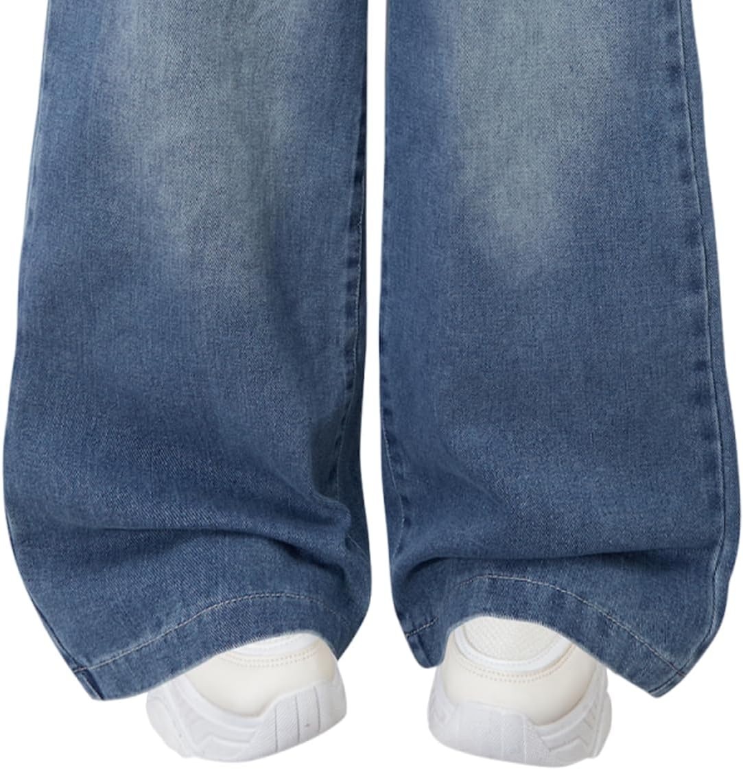Nivne Tco Tween Girls Wide Leg Jeans - Zipper Fly and Pockets, Elastic Waistband Cute Baggy Denim Pants for Girls Clothing
