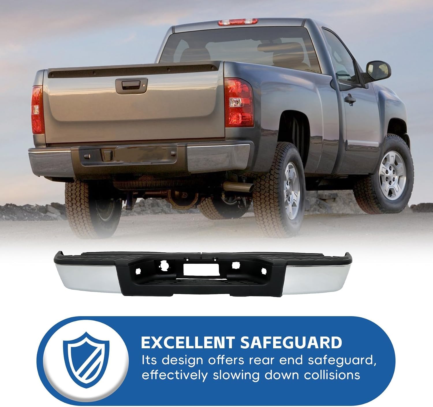 Silscvtt Chrome Steel Complete Rear Bumper Assembly Replacement for 2007-2013 Silverado Sierra 1500 GM1103147 22932803