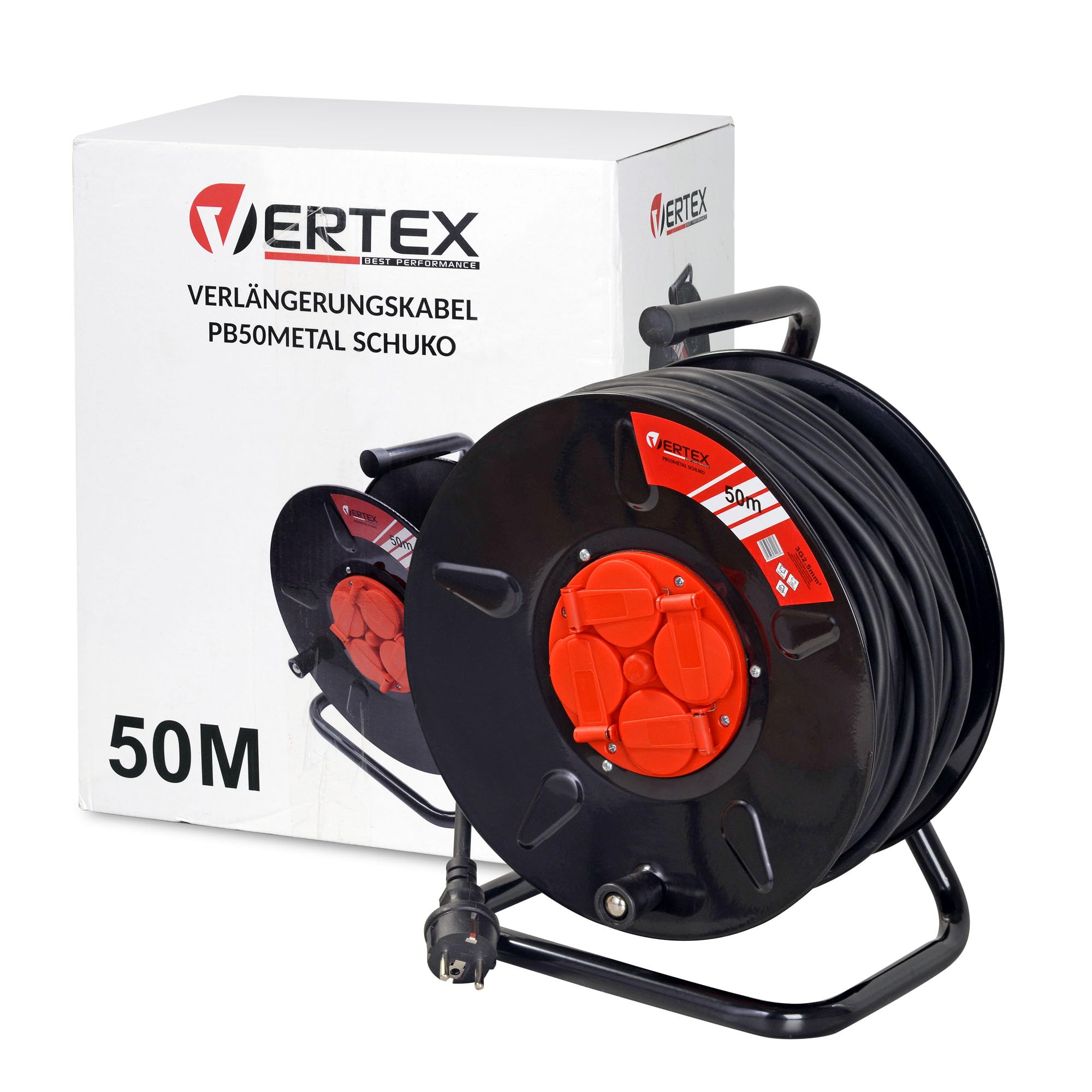 VERTEX Cable Alargador En Carrete PB50METAL,IP44,Conexión A Tierra SCHUKO 4 Tomas,Cable Duradero,Tiene Fusible Térmico,Para Uso Interior Y Exterior,flexibles