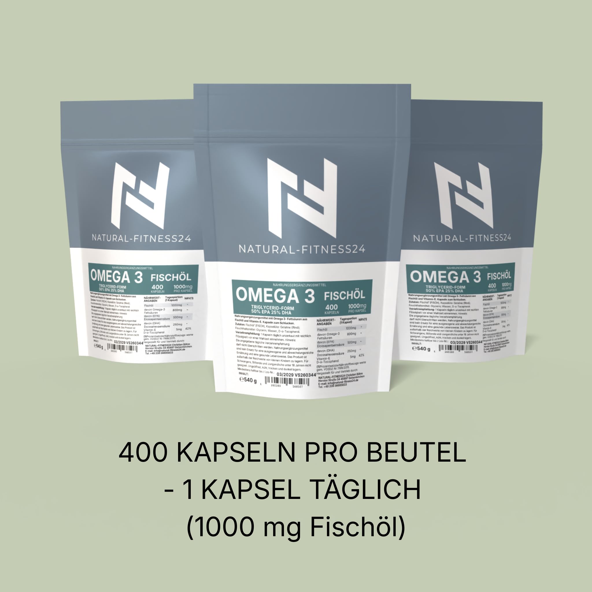 Omega 3 Fischöl Kapseln 400 Stück – 1000mg TG-Form 500mg EPA 250mg DHA | NF24