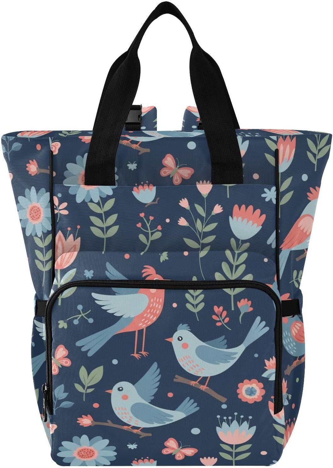 Spring Birds Flowers Blue Pattern Diaper Bag Backpack for Baby Boys Girls Multifunction Baby Essentials Travel Tote with Stroller Straps & Bottle Storage Large Travel Diaper Backpack for Baby