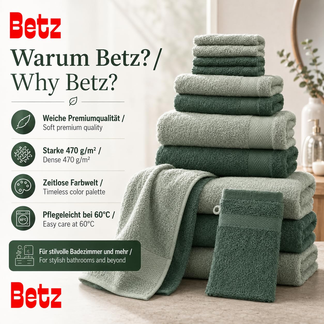 Betz Juego de 12 Toallas Premium 100% algodón de Color Verde heno y Verde Abeto