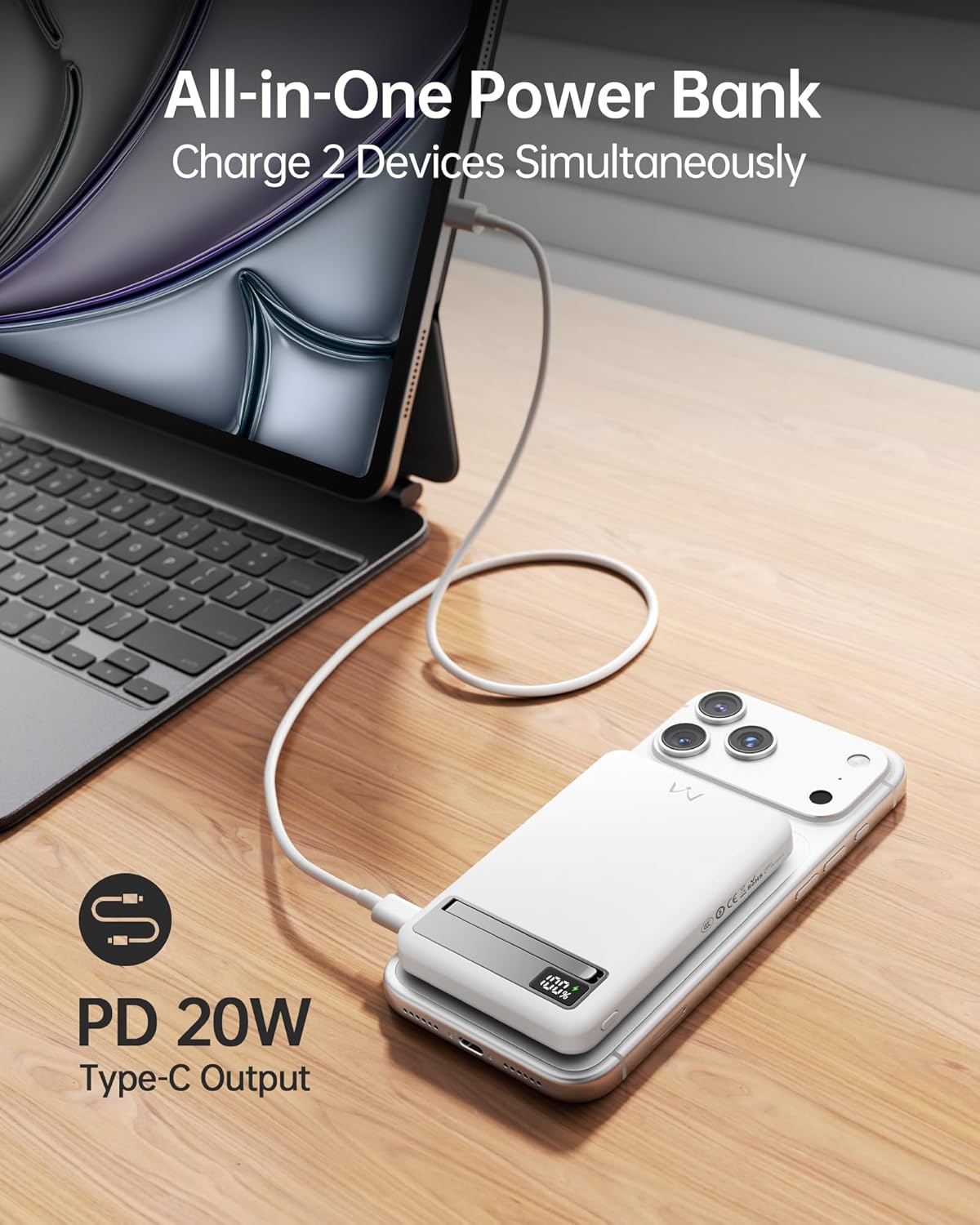 iWALK Magnetic Wireless Power Bank 10000mAh, Slim Portable Charger with 20W PD Cable Fast Charging, Metal Kickstand, LED Display, MagSafe Compatible Battery Pack for iPhone 17/16/15/14/13/12 Series