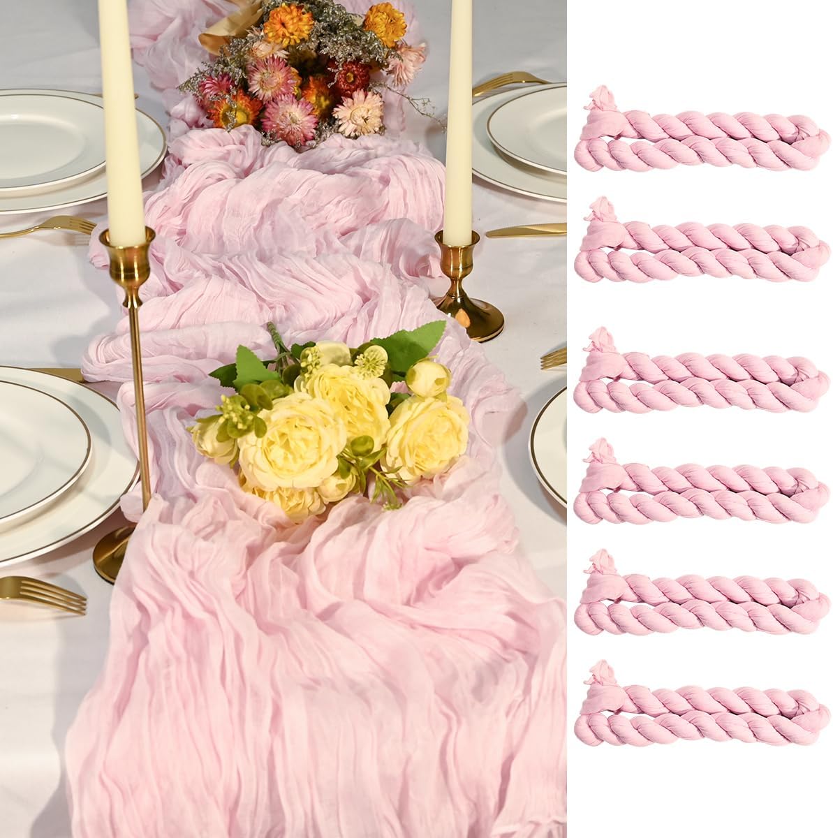 7 Pack Light Pink Cheesecloth Table Runners 35x120 Inch, Wide Pleated Boho Gauze Runner for Wedding Baby Shower Birthday Party, Semi-Sheer Rustic Table Decor