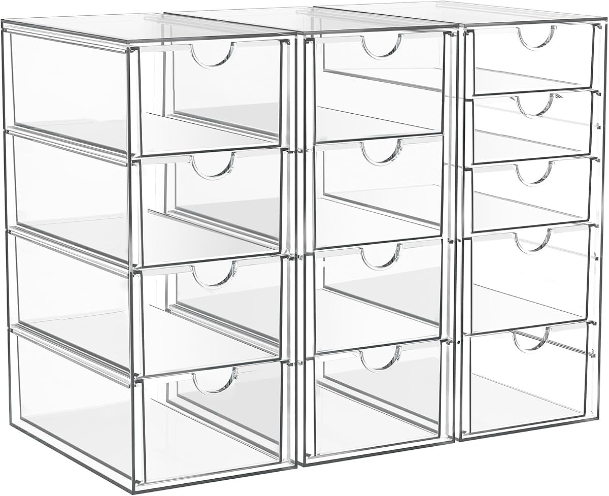 ARSTPEOE Acrylic 13-Drawer Storage & Makeup Organizer for Desk, Bath | Smooth-glide drawers, clear acrylic, stackable, dustproof, wipe-clean, for eyeliners, lip liners, markers, push pins,pen