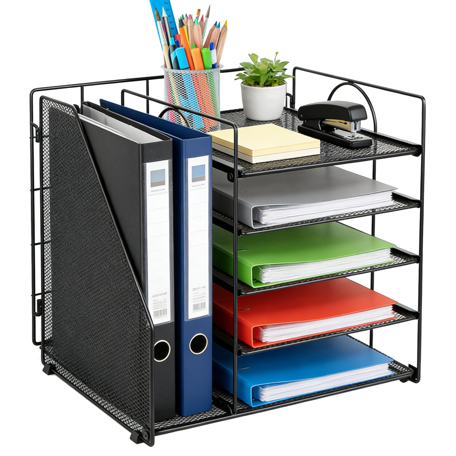 Voency Schreibtisch Organizer mit Aktenhalter, 5 Ebenen Papier Briefablage, Metall Schreibtisch Netz Ablagefächer Organizer für Arbeitszimmer Schule Office Möbel Büro Bedarf Schwarz