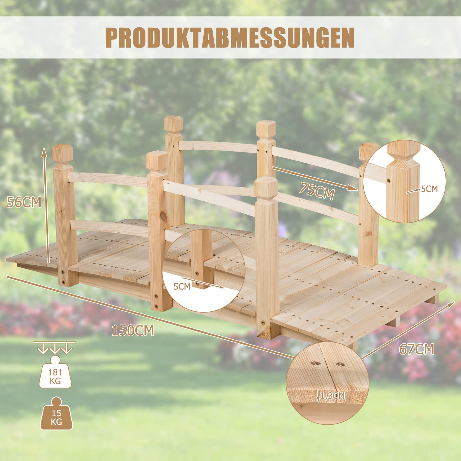 RELAX4LIFE Puente de Madera con Barandilla, Puente CE Jardín, Madera CE Abeto, Puente para Estanque, Carga 100 kg, Puente Decorativo Estable y Duradero, 150 x 67 x 55 cm (Natural)