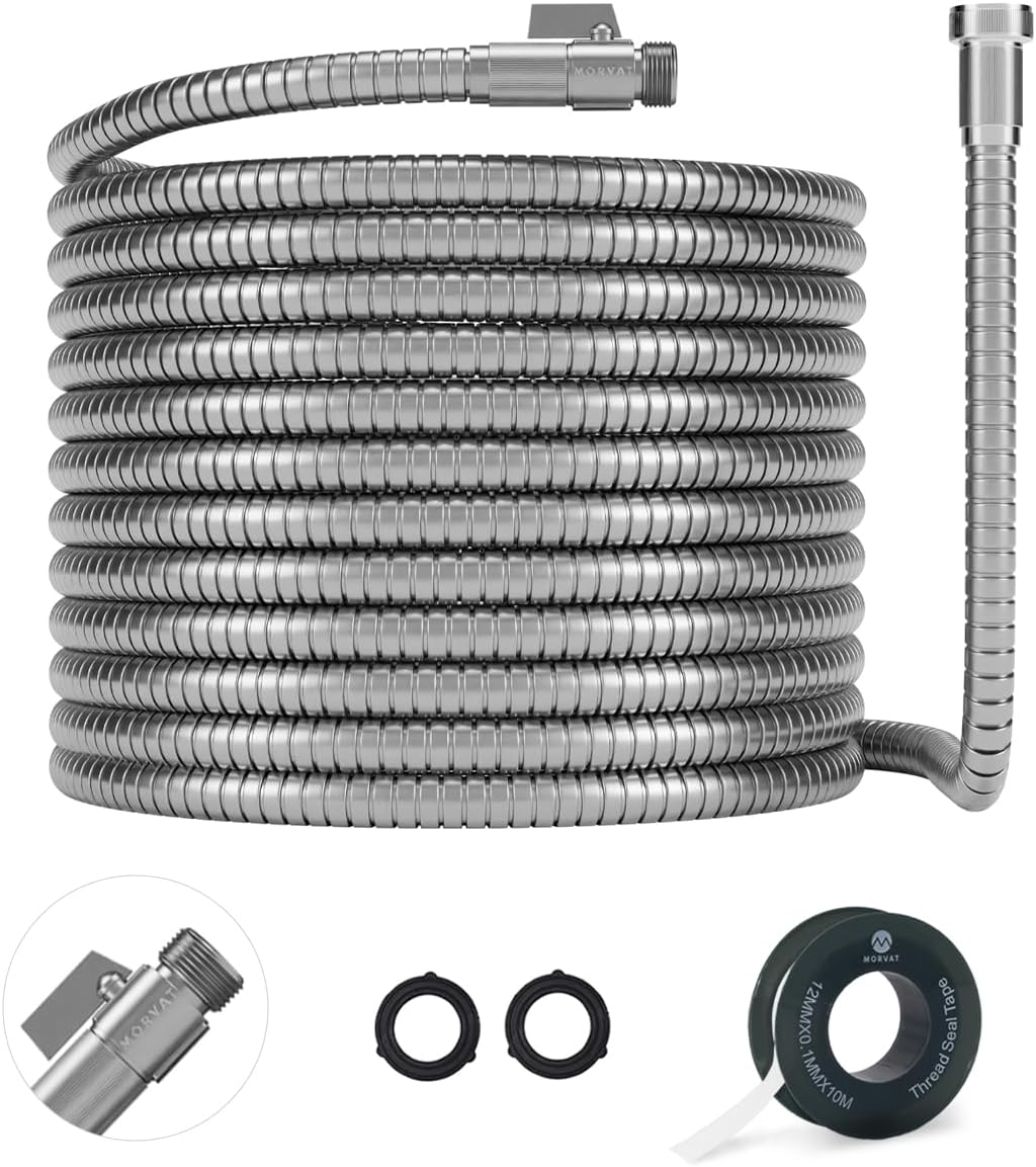 Morvat 150ft Stainless Steel Garden Hose Metal with Brass ON/OFF Valve, Heavy Duty for Nozzle, Water, Yard & Outdoor, Lightweight No-Kink, Crush & Puncture Resistant, Roll of Teflon Tape & 3 Washers