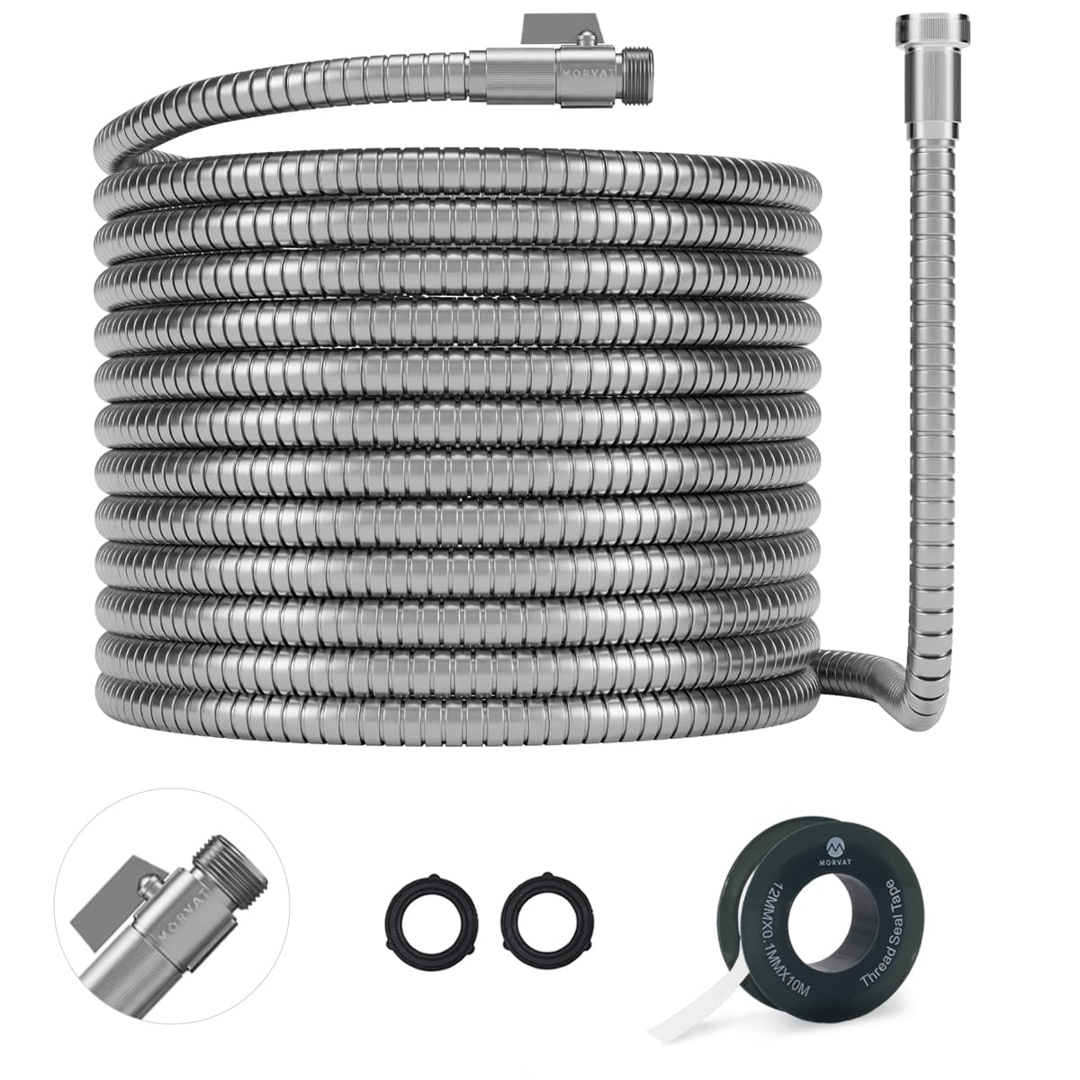 Morvat 100ft Stainless Steel Garden Hose Metal with Brass ON/OFF Valve, Heavy Duty for Nozzle, Water, Yard & Outdoor, Lightweight No-Kink, Crush & Puncture Resistant, Roll of Teflon Tape & 3 Washers