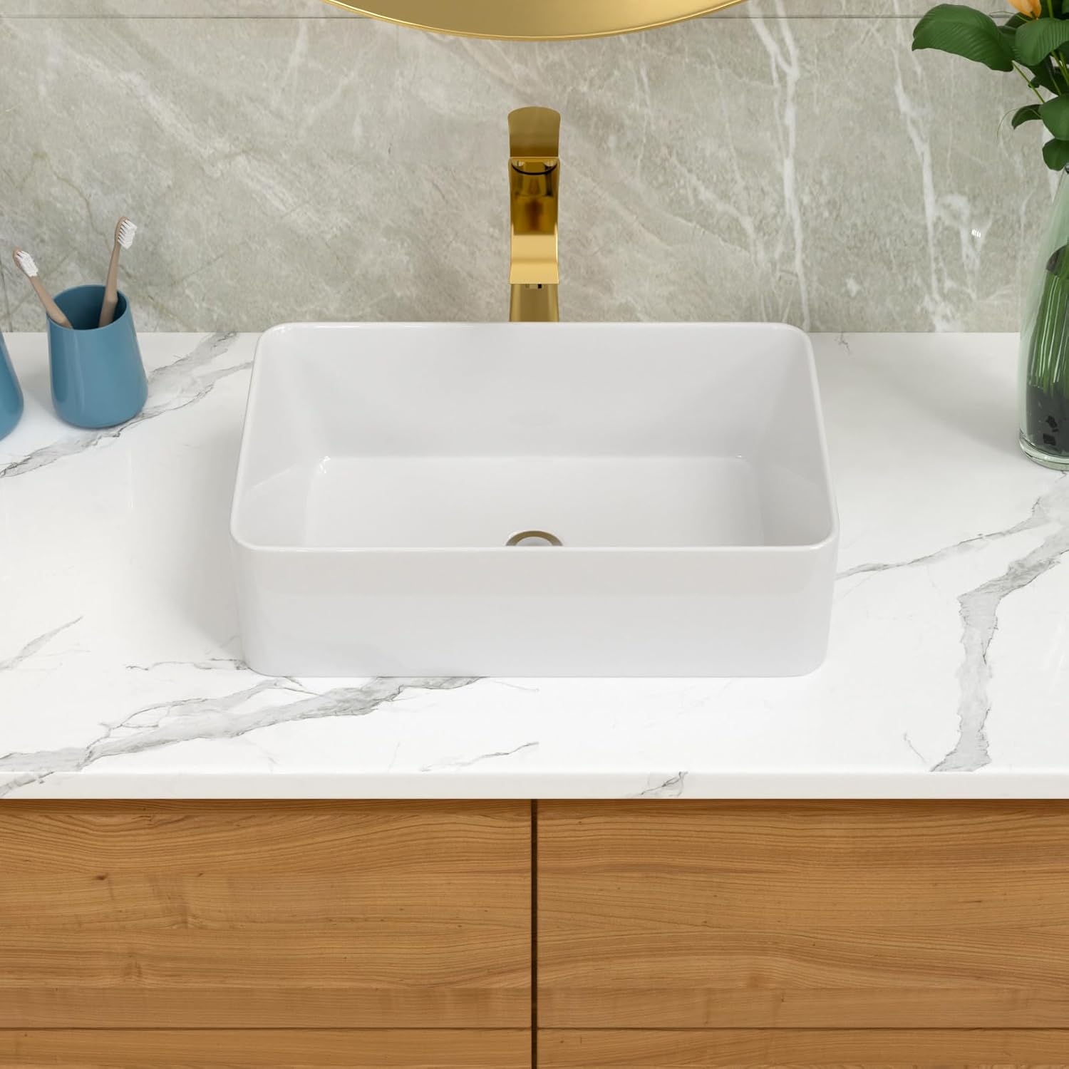 Lordear Vessel Sink Rectangle 21"x14" Bathroom Sink Rectangular Modern Above Counter White Porcelain Ceramic Vessel Vanity Sink Art Basin