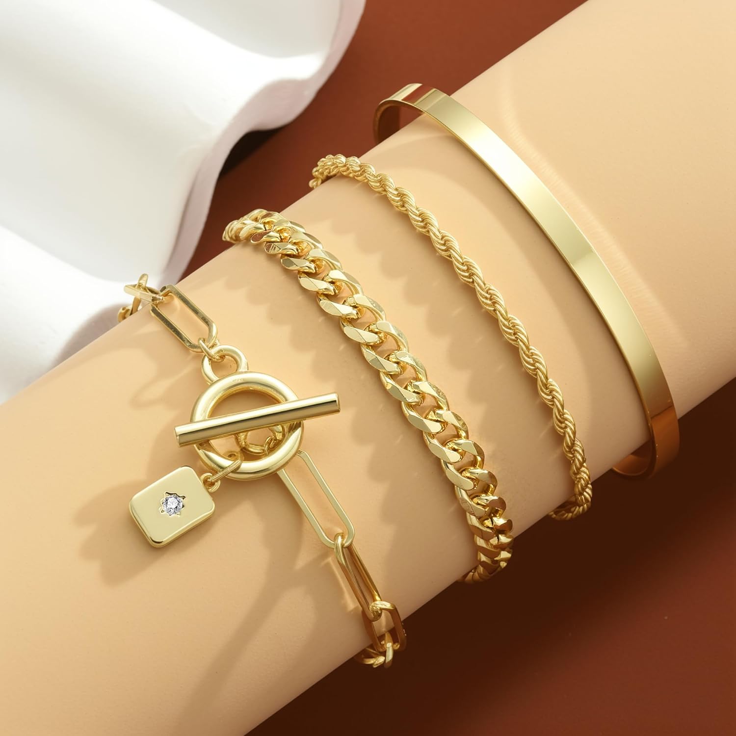 YEEZII Gold Bracelets for Women, 14K Gold Plated Stackable Bracelet Stack with Cuff Bracelet Rope Chain cuban link bracelets Paperclip Toggle Pendant，Adjustable Layered Jewelry Set Gifts for Women - Image 3