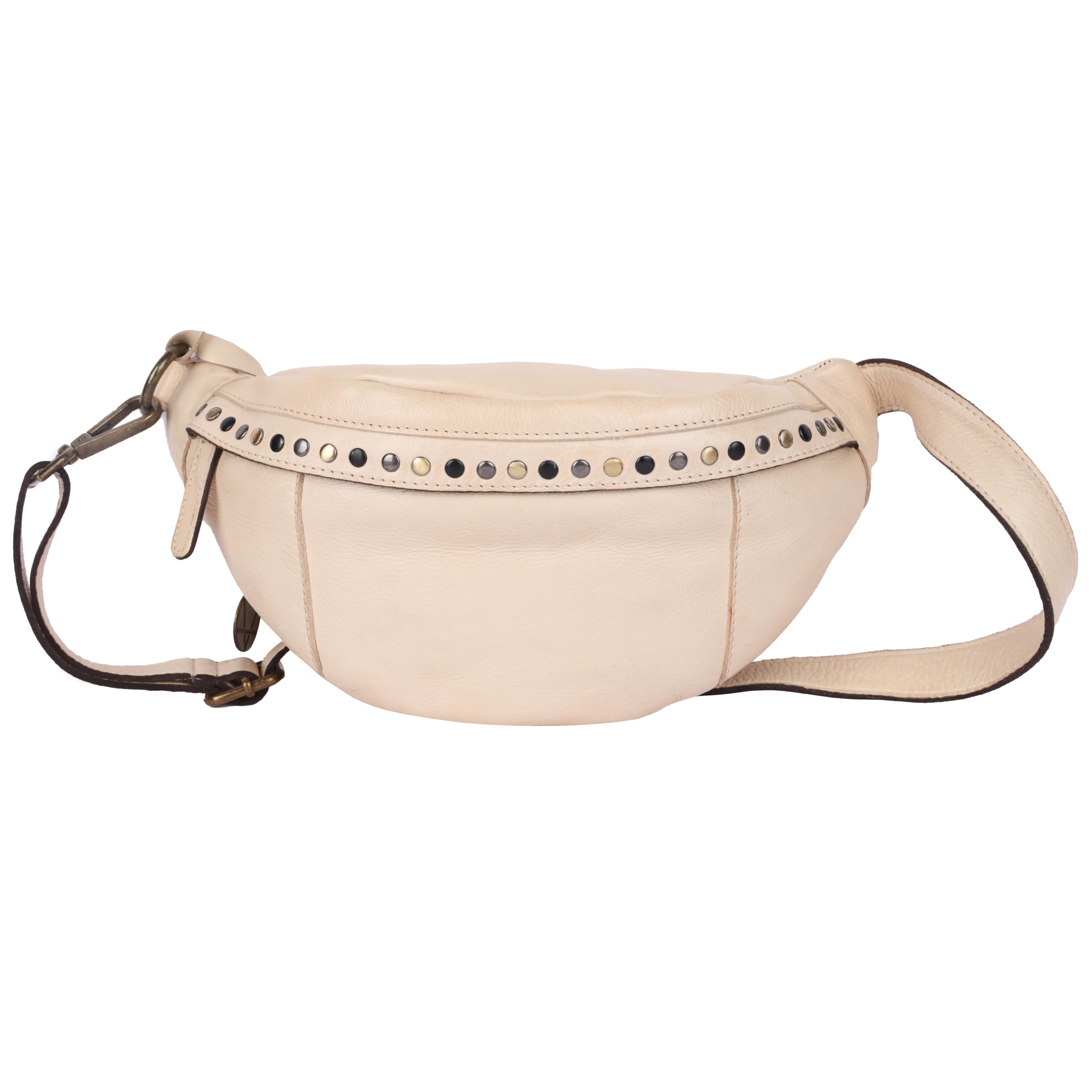 Vilenca Holland Genuine Italian Leather Boho Studded Waist Bag – Stylish & Durable Unisex Travel Fanny Pack for Essentials (Beige)