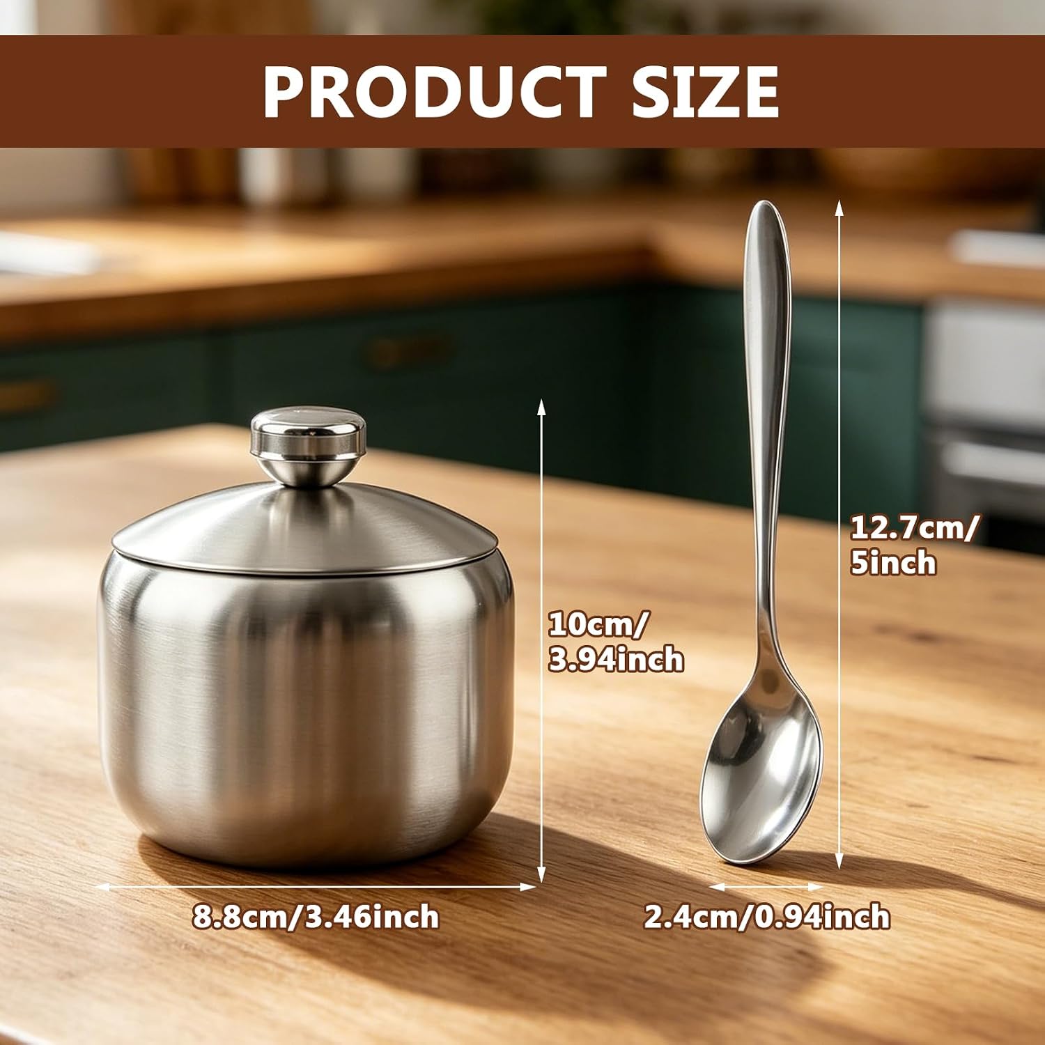 15oz Sugar Bowl with Lid And Spoon,Stainless Steel Sugar Creamer Container