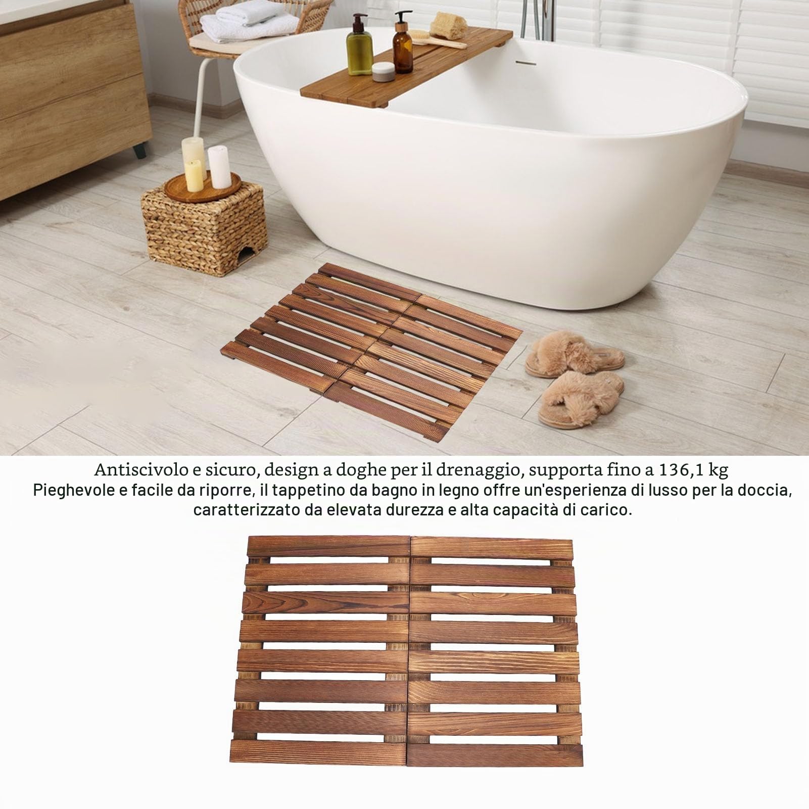 Tappetino da Bagno in Legno Pieghevole e Antiscivolo, 59 x 41,2 cm, per Doccia, Spa, Sauna, Piscina, Uso Interno ed Esterno