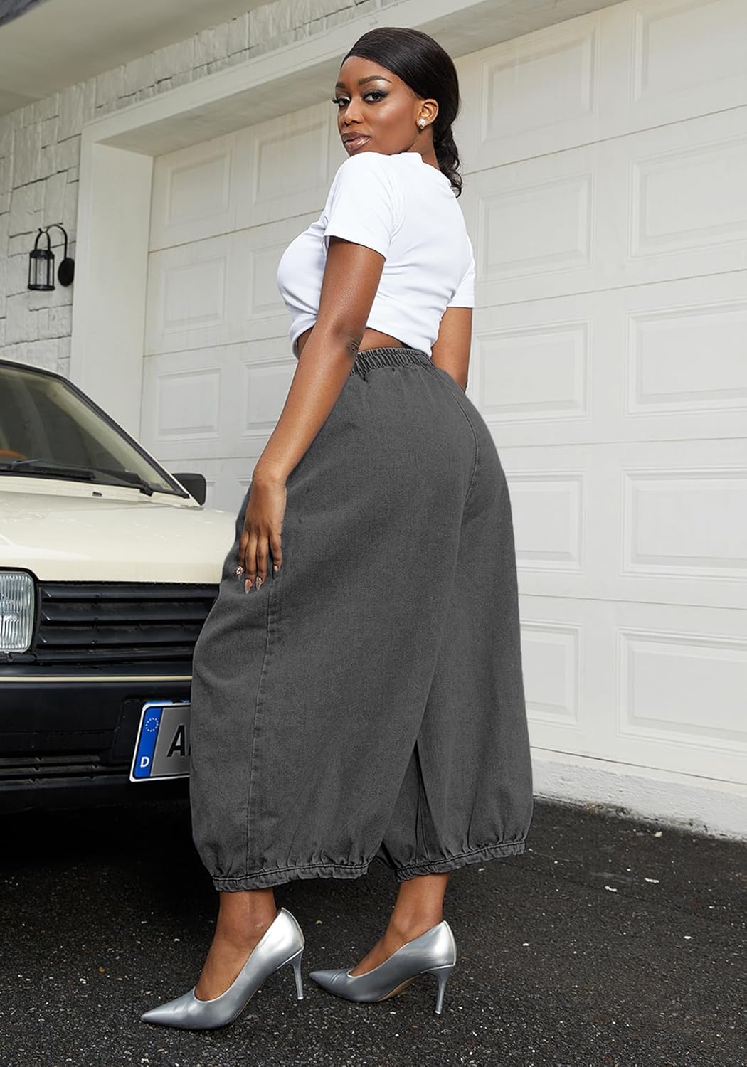 Tbahhir Women's Baggy Jeans Barrel Cropped Elastic Waist Denim Pants Loose Trousers with Pockets - Image 2