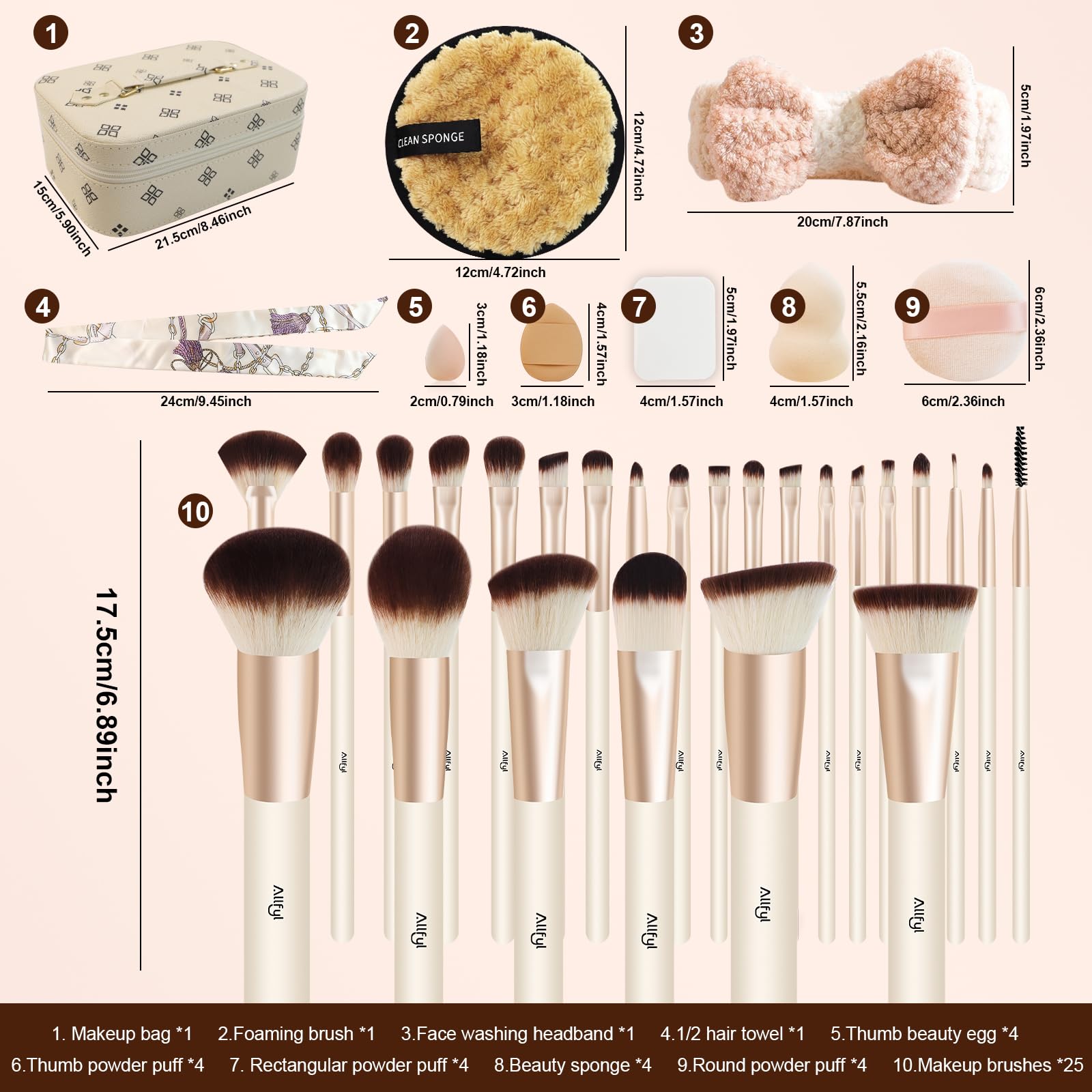 Set de 49 Brochas de Maquillaje Profesionales Premium con Brocha Base y Estuche de Cuero con Espejo - Kit Completo para Contorno, Polvos y Sombras
