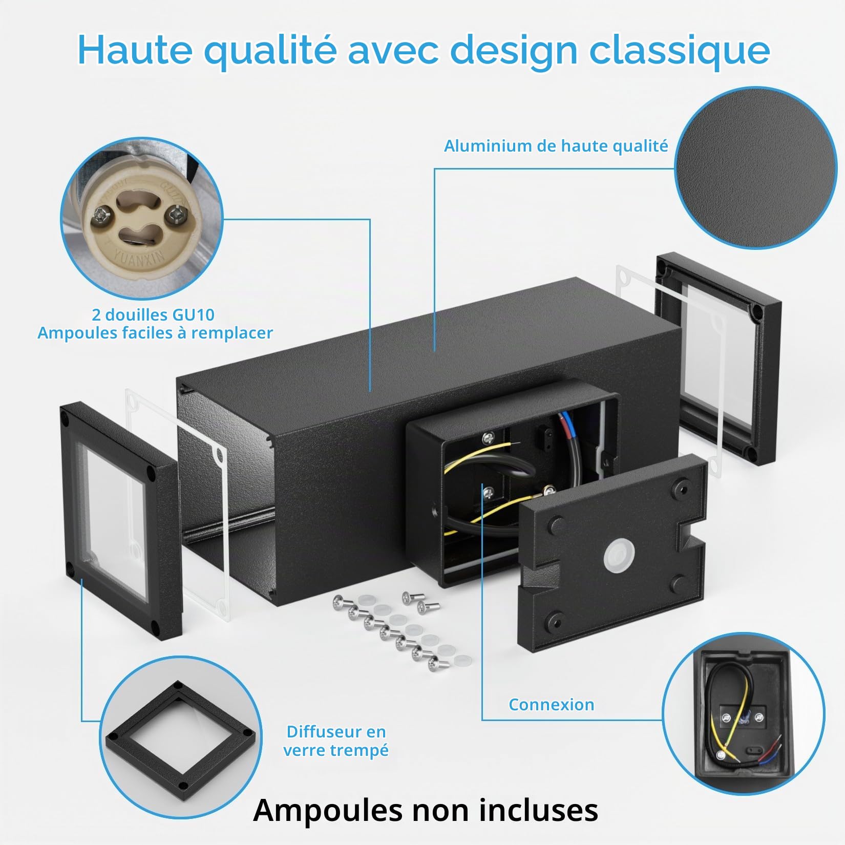Klighten 2 pcs Applique Murale Exterieur/Interieur GU10, Aluminium Up/Down Éclairage Exterieur, IP65 Lampe Murale pour Terrasse Couloir Entrée, 26 x 13 cm, Ampoule non Incluse, Noir