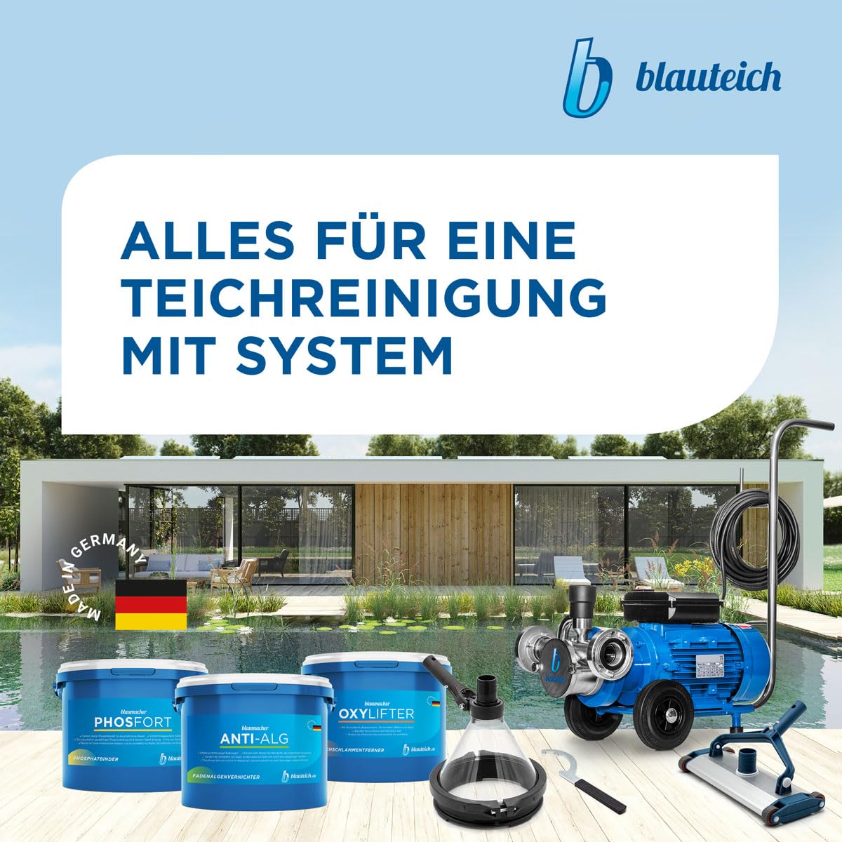blaumacher GANZ-KLAR – Flockungsmittel & Teichklar-Unterstützung für Teiche, hilft bei Schwebealgen, verbessert Wasserqualität – für Teiche mit Filterbetrieb (2 kg)