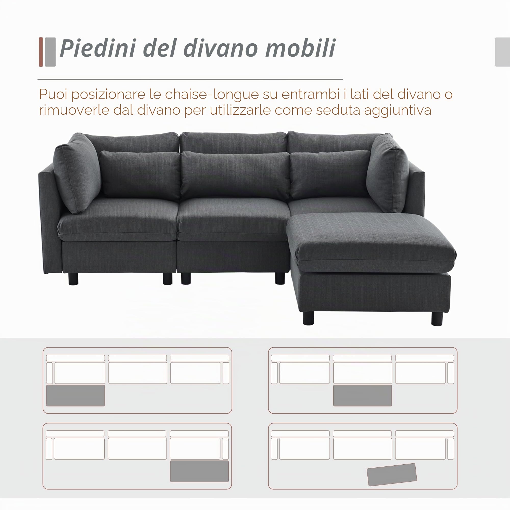 Soweiz Design moderno, divano a tre posti con poggiapiedi, divano ad angolo a forma di L, 220 x 83 x 81 cm (grigio)