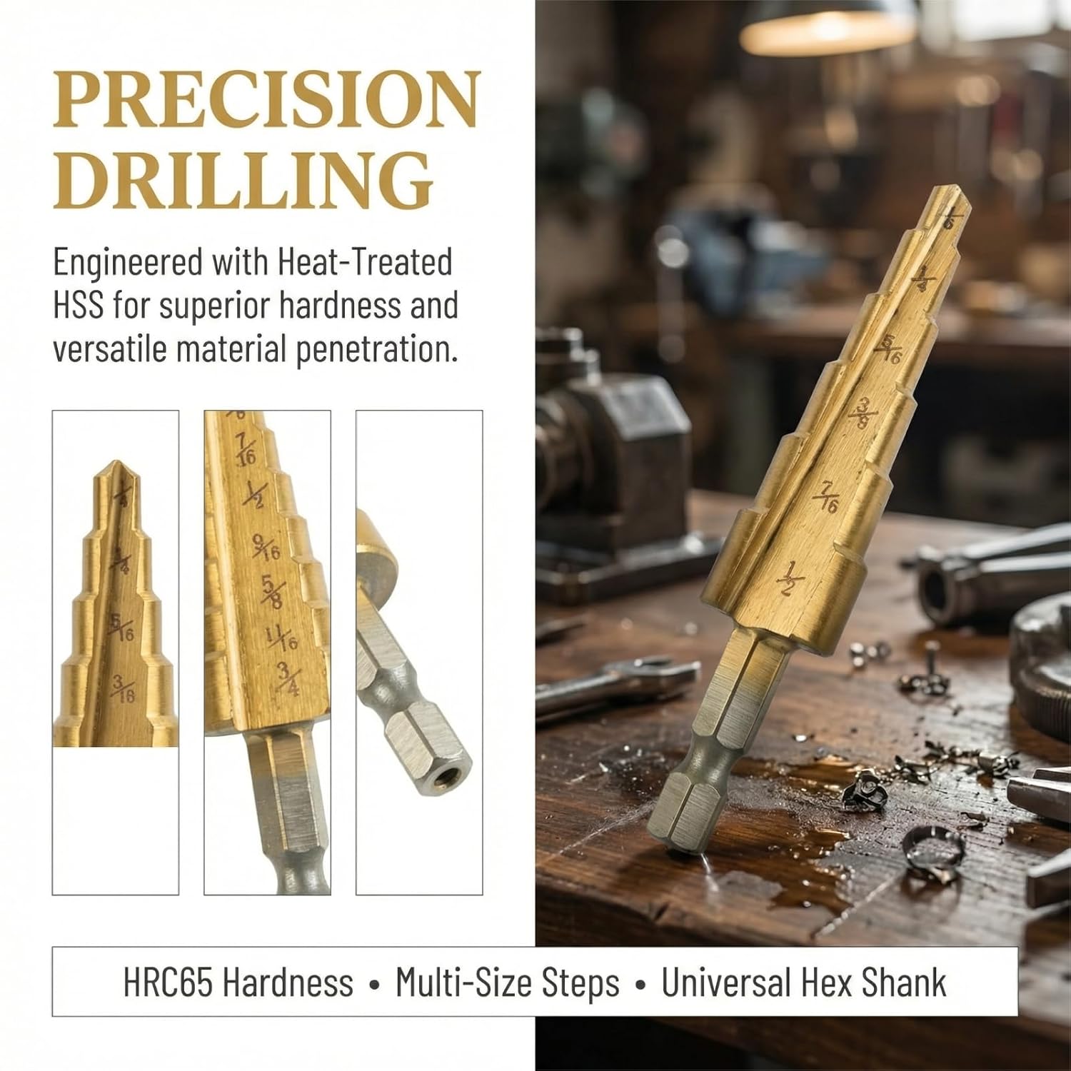 3 PCS Step Drill Bit Set, HSS Titanium Step Drill Bits 3/16" to 1/2", 1/4" Hex Shank Stepped Drill Bit for Stainless Steel, Aluminum, Wood, Plastic & Sheet Metal