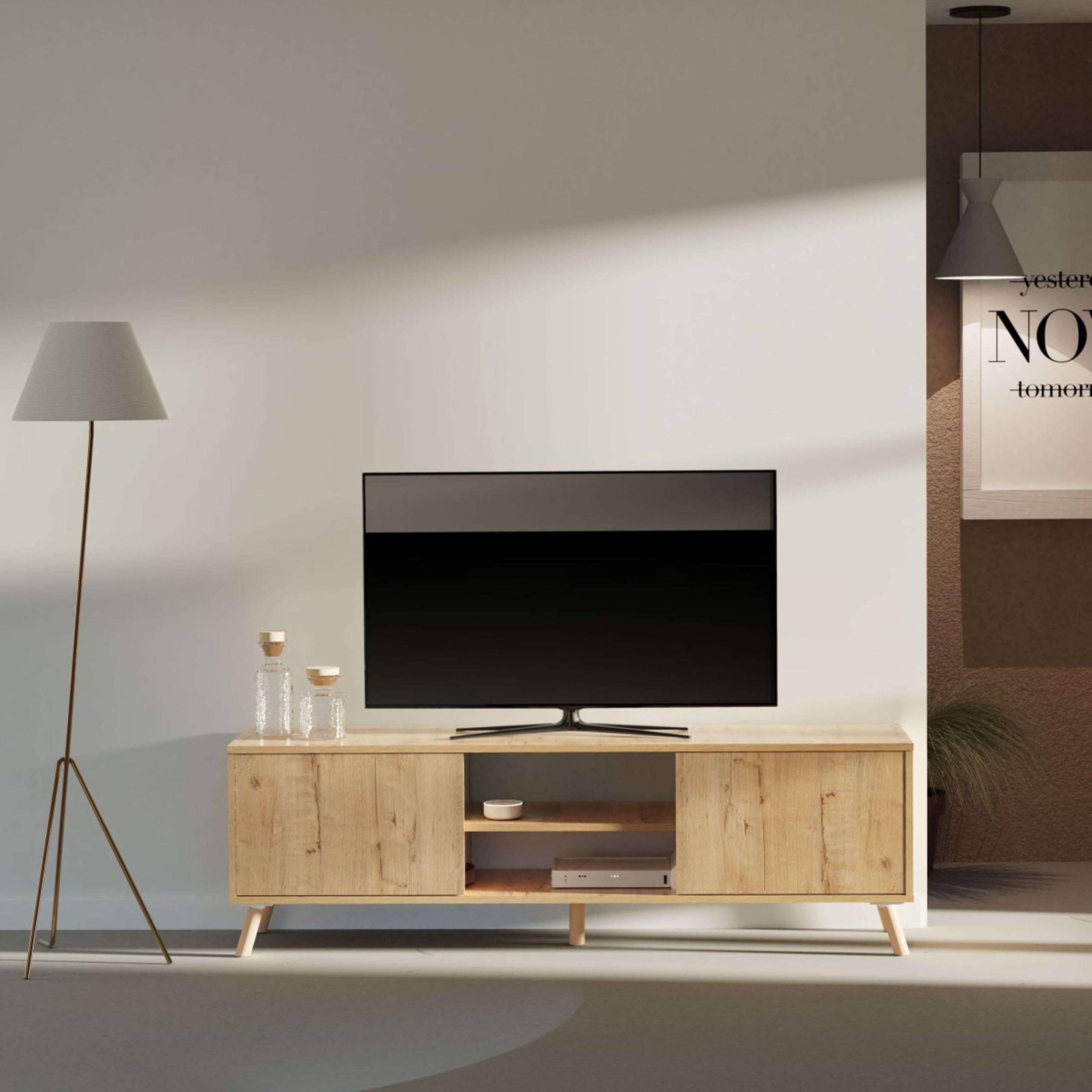 MUEBLES PITARCH | Mueble TV con Patas 2 Puertas y Estante, Mueble de Televisión Industrial, Roble Gold, 55x160x40cm, Módulo de Salón, Moderno, Modelo Oslo