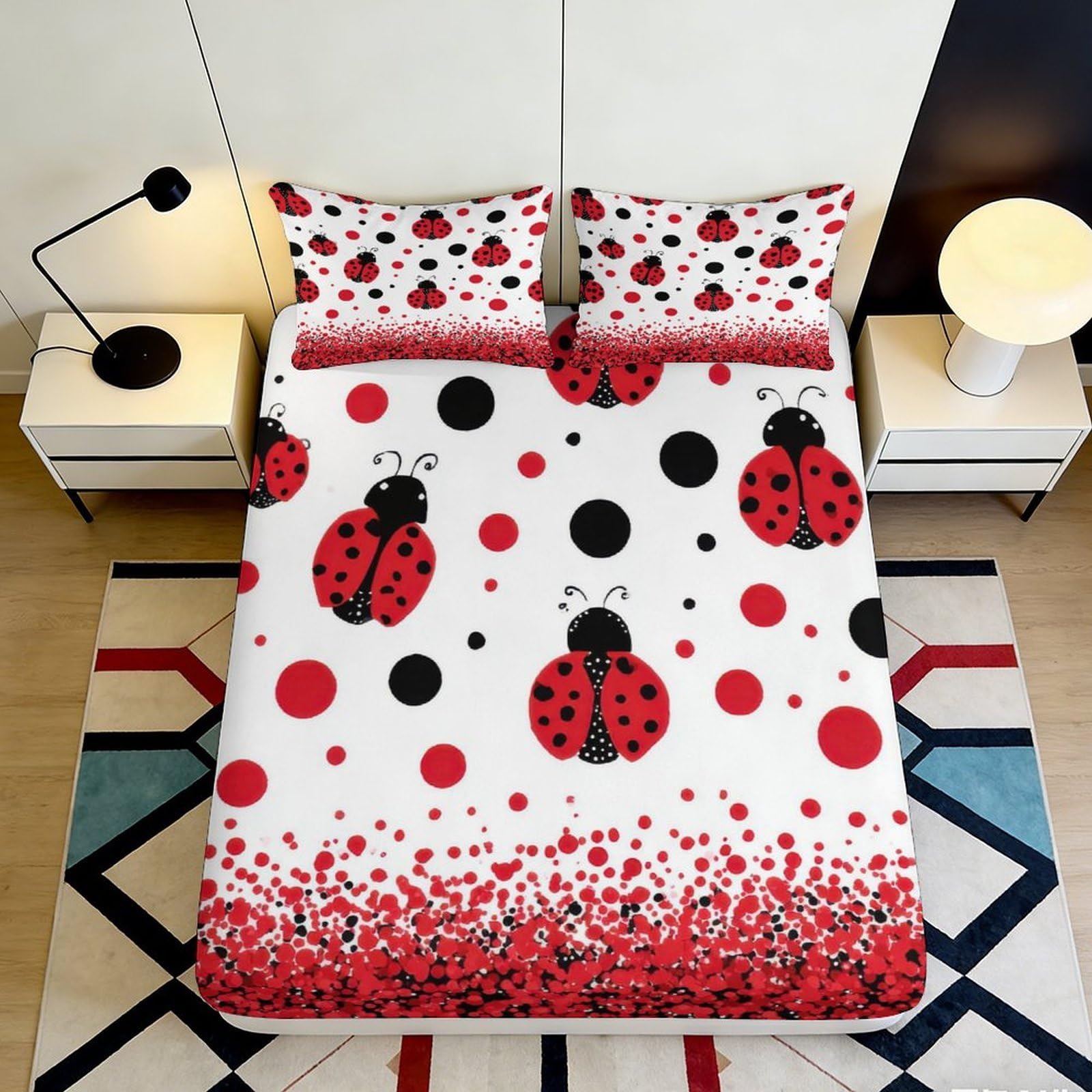 Dhbaneiok Style-8 3D Printed Ladybug Pattern Fitted Sheet Microfiber Soft Breathable Polka Dot Bed Cover For Bedroom Guest Room Decor 90X200x25cm
