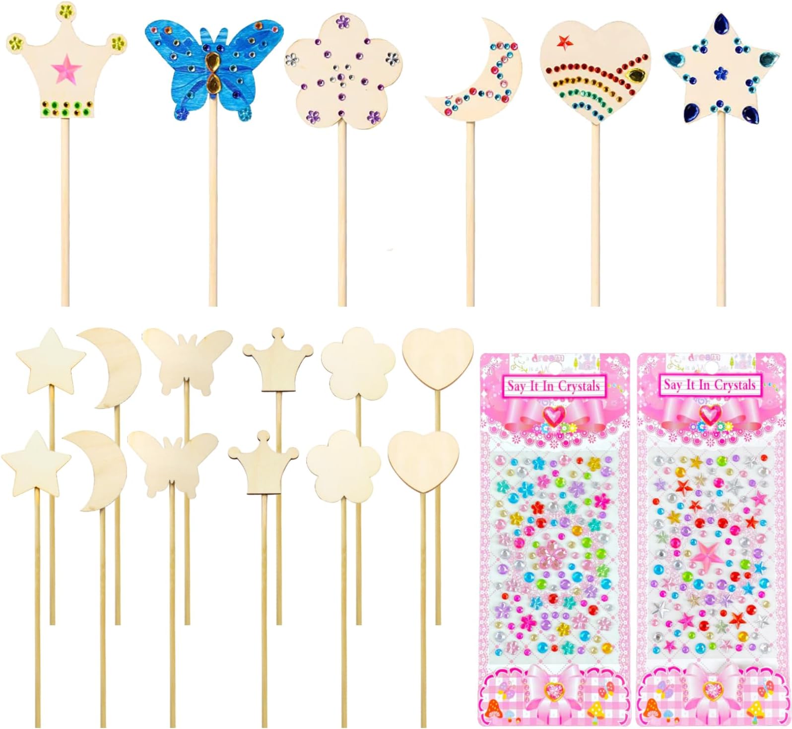 TYXHXTF 12 Sets Fairy Wands, Princess Fairy Wands Kit, DIY Magical Wand, DIY Crafts, Craft Kits, Unfinished Wooden, with Gem Stickers, Arts Crafts, Gifts for Girls, for Birthday Halloween Party