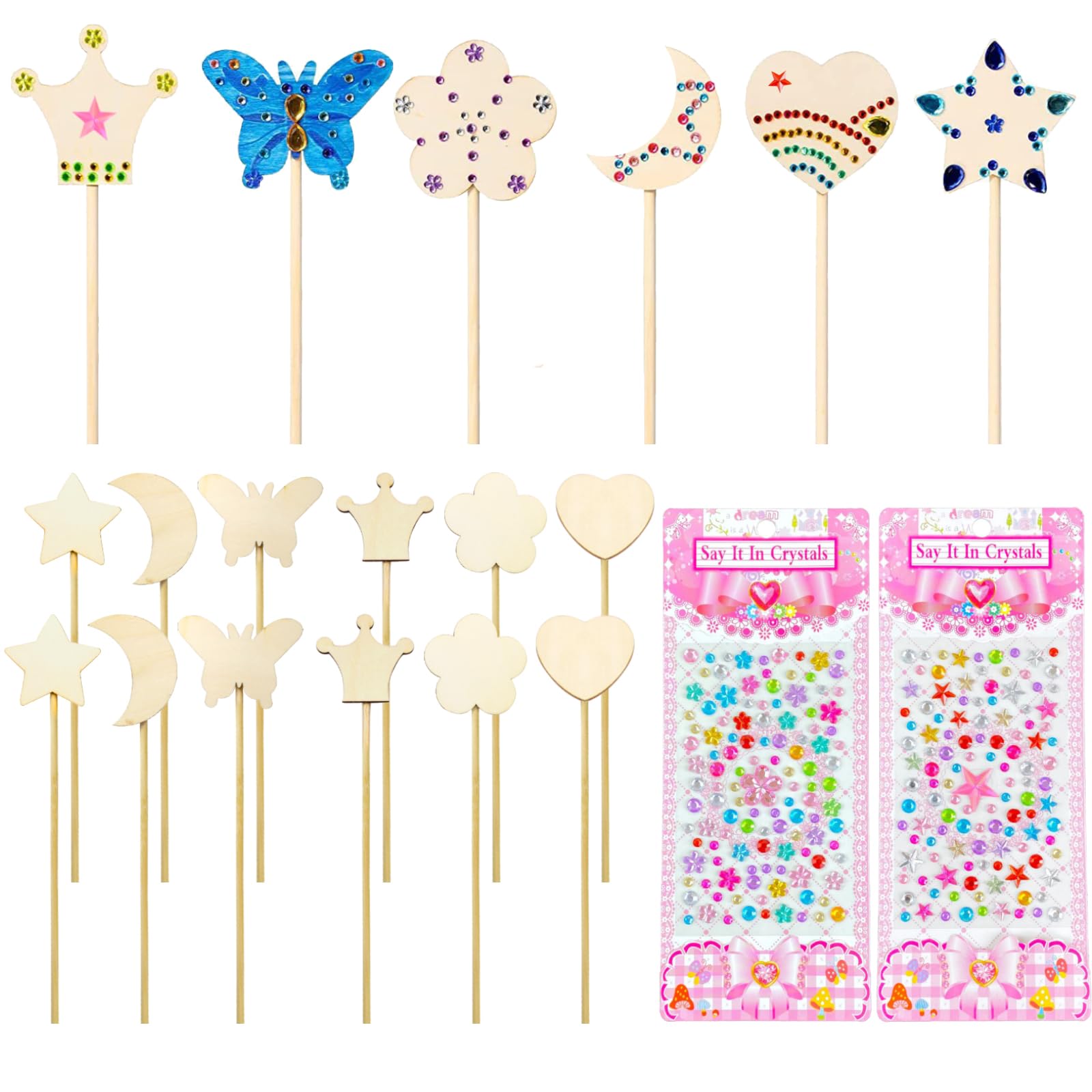 TYXHXTF 12 Sets Fairy Wands, Princess Fairy Wands Kit, DIY Magical Wand, DIY Crafts, Craft Kits, Unfinished Wooden, with Gem Stickers, Arts Crafts, Gifts for Girls, for Birthday Halloween Party