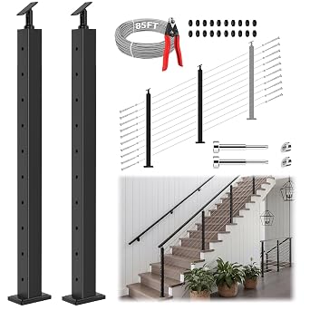 One Stop Stair Cable Handrail Post Kit, 33  Drill 2 Pack Stair Posts, Adjustable Top Angle Handrail System with 2 Handrail Posts, 85 Feet Cable, 10 Sets of Terminals, 40 Cable Grommets No