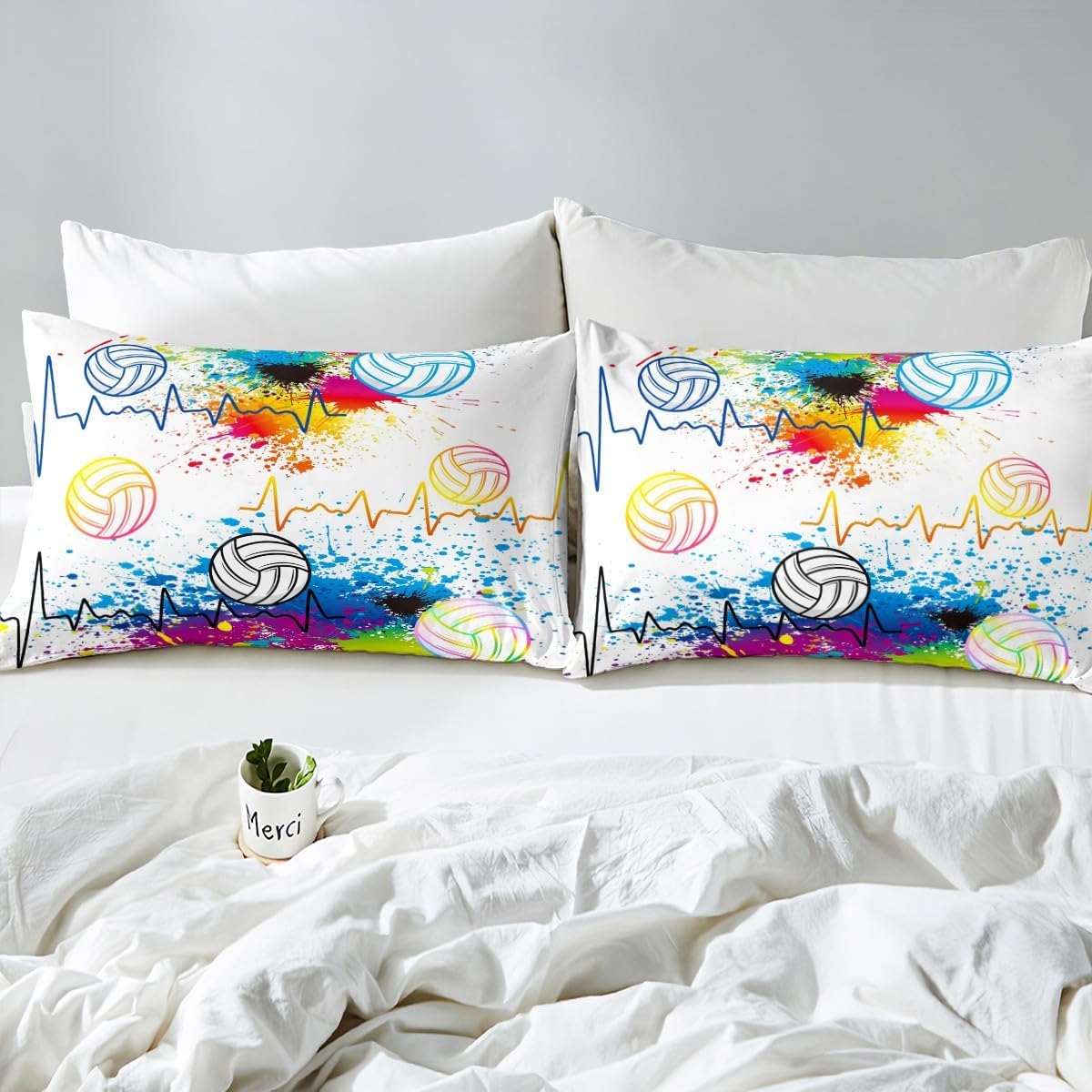 Feelyou Volleyball Bed Cover 3D Ball Sports Bedding Fitted Sheet for Boys Girls Women Men Watercolor Volleyball Bed Sheet Set Ball Games Decor Bedding Sheets Bedroom Collection 3Pcs Queen Size
