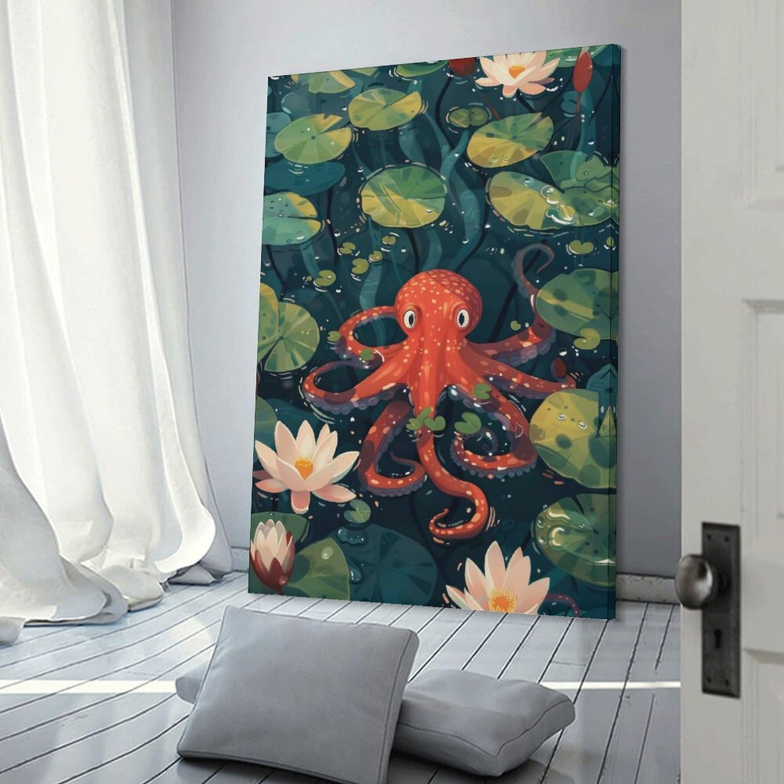 Junmoney Cute Octopus in Lily Pond Wall Art Print 20x30inch(50x75cm), for Picture Wall Styling in Lounge Or Bedroom, A Versatile Canvas Print for Layering