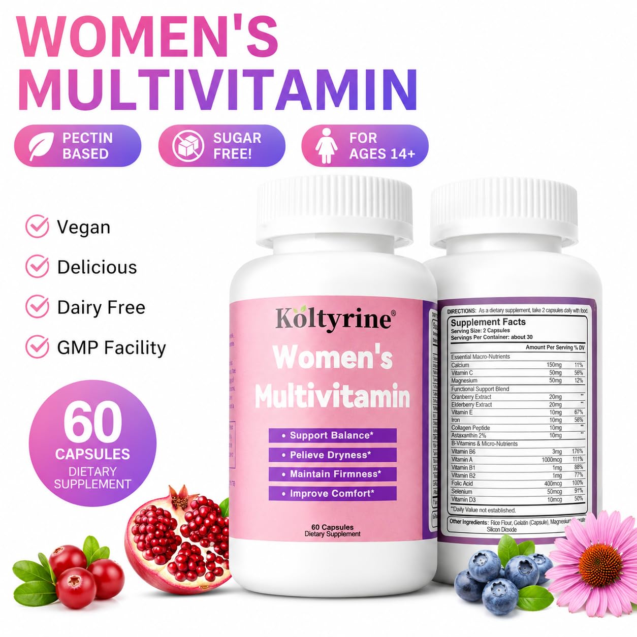Vimerson Health Multivitamin for Women 13-in-1 Vitamin Complex with Biotin, Collagen & Keratin Vitamins B Complex, A, C, D3, E & K2 Hair Skin Nails & Energy Support 60 Capsules — Amazon image 2