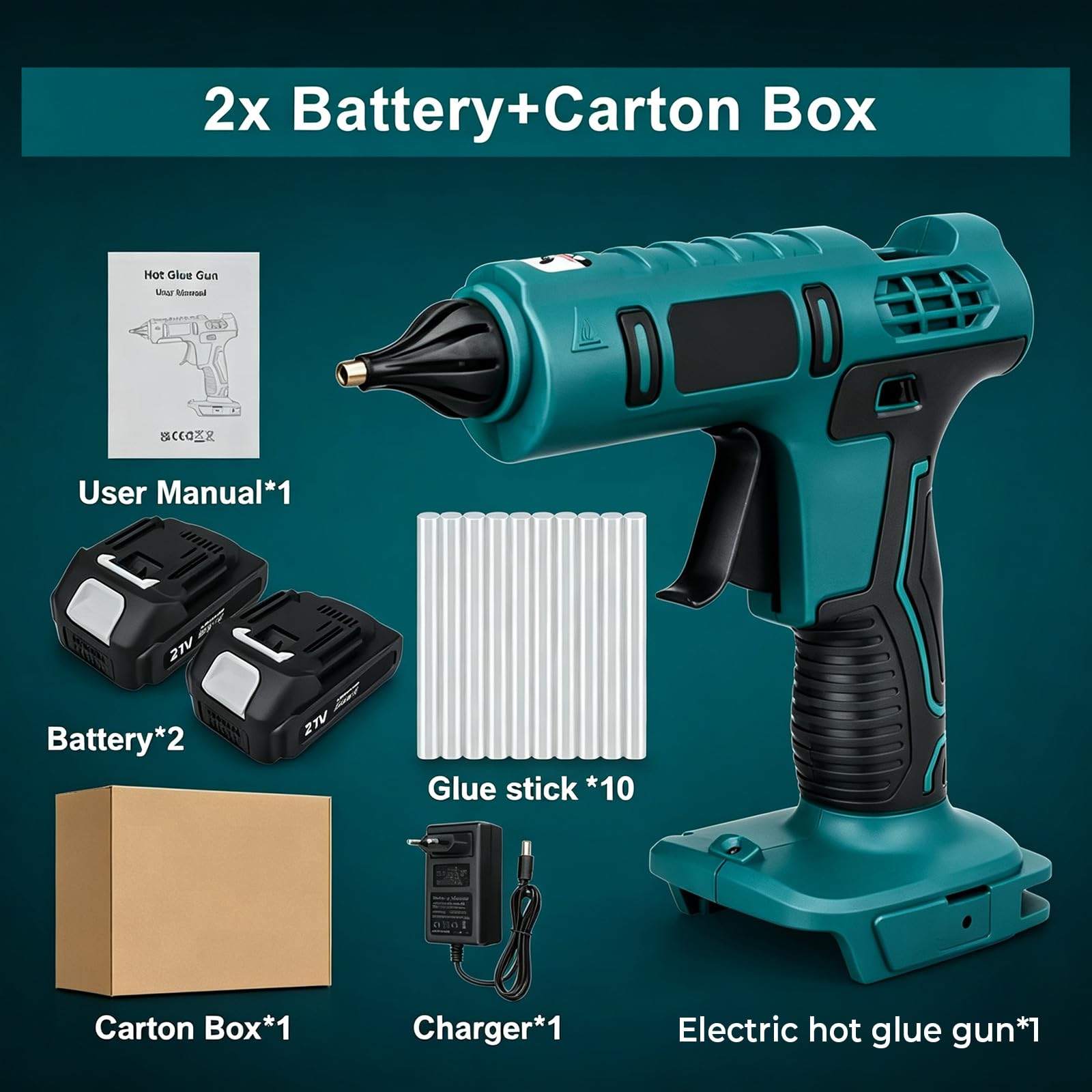 Pistola Colla a Caldo Senza Fili - Pistola Colla 100W | Riscaldamento Rapido, Compatibile con Batteria Makita 18V, 2x 1300mAh, Caricatore, 10 Stick 11mm, per Fai da Te & Riparazioni