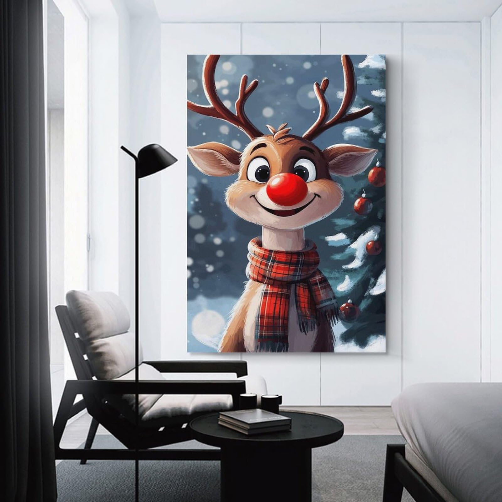 Junmoney Hanging Wall Art Smiling Reindeer Christmas, 08x12inch(20x30cm), for Wall Displays, Bedrooms Or Room Updates, Wall Decor Suited to Curated Displays