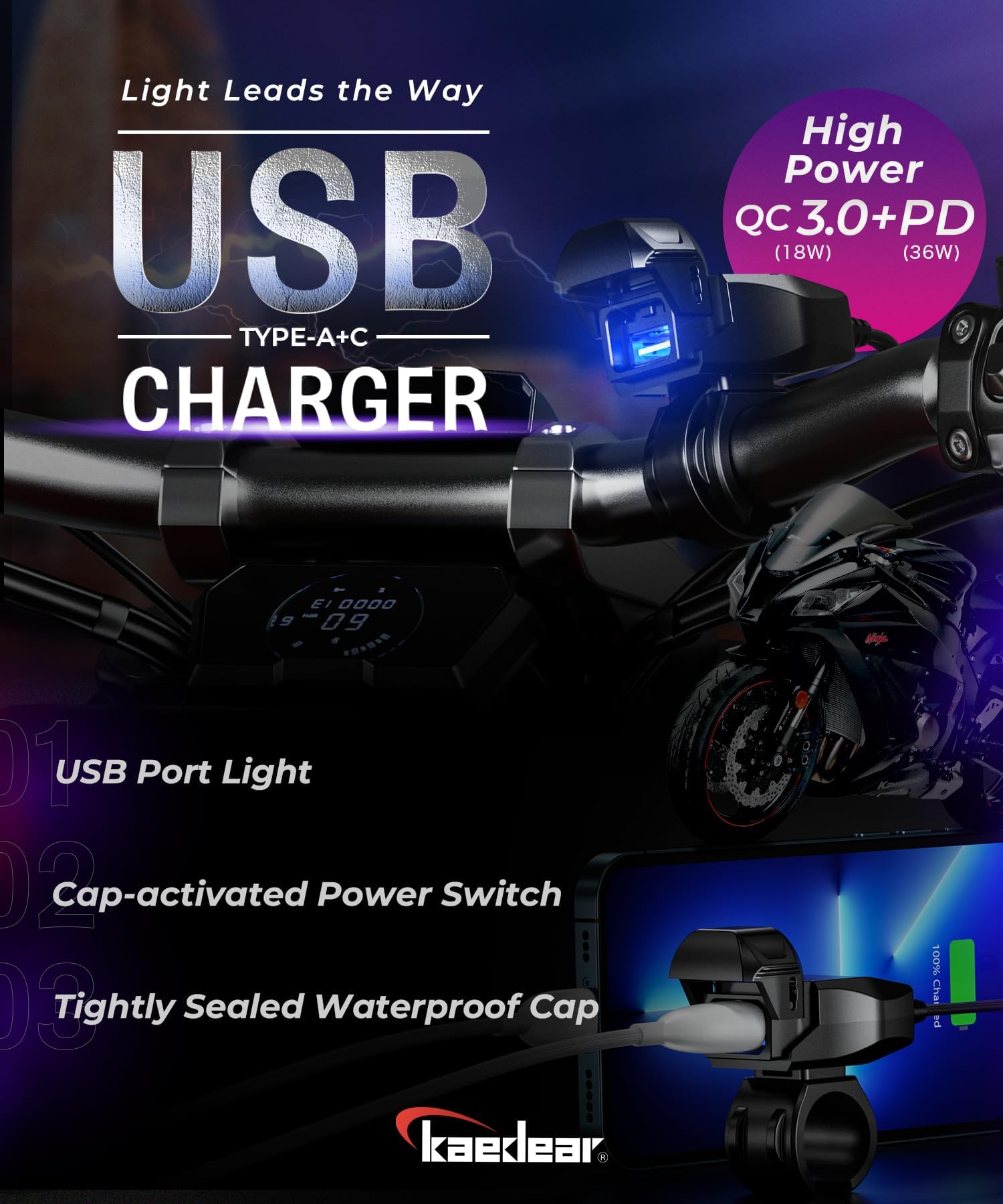 KAEDEAR Cargador de motocicleta USB-A y USB-C con interruptor, KDR-M3-AC