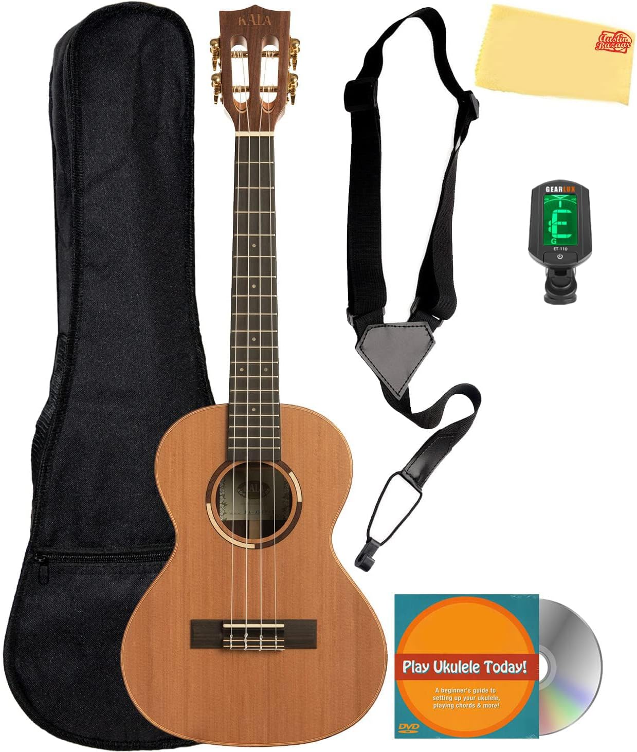 Kala KA-ASCP-T Solid Cedar Top Pau Ferro Tenor Ukulele with Gig Bag, Strap, Tuner, Austin Bazaar Instructional DVD, and Polishing Cloth