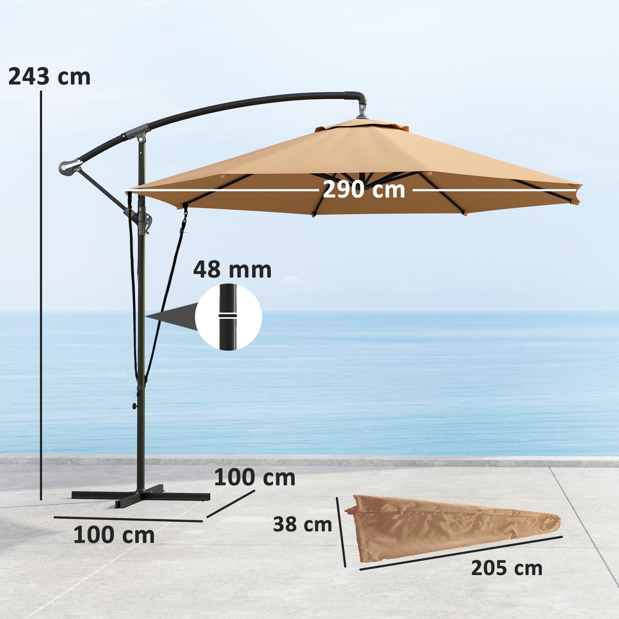 Outsunny Ombrellone Decentrato Ø3 m Ombrellone da Giardino UV 50+ Cachi | Prese d'Aria, Base a Croce e Manovella, Inclinabile e Girevole, Metallo e Poliestere 180 g/㎡
